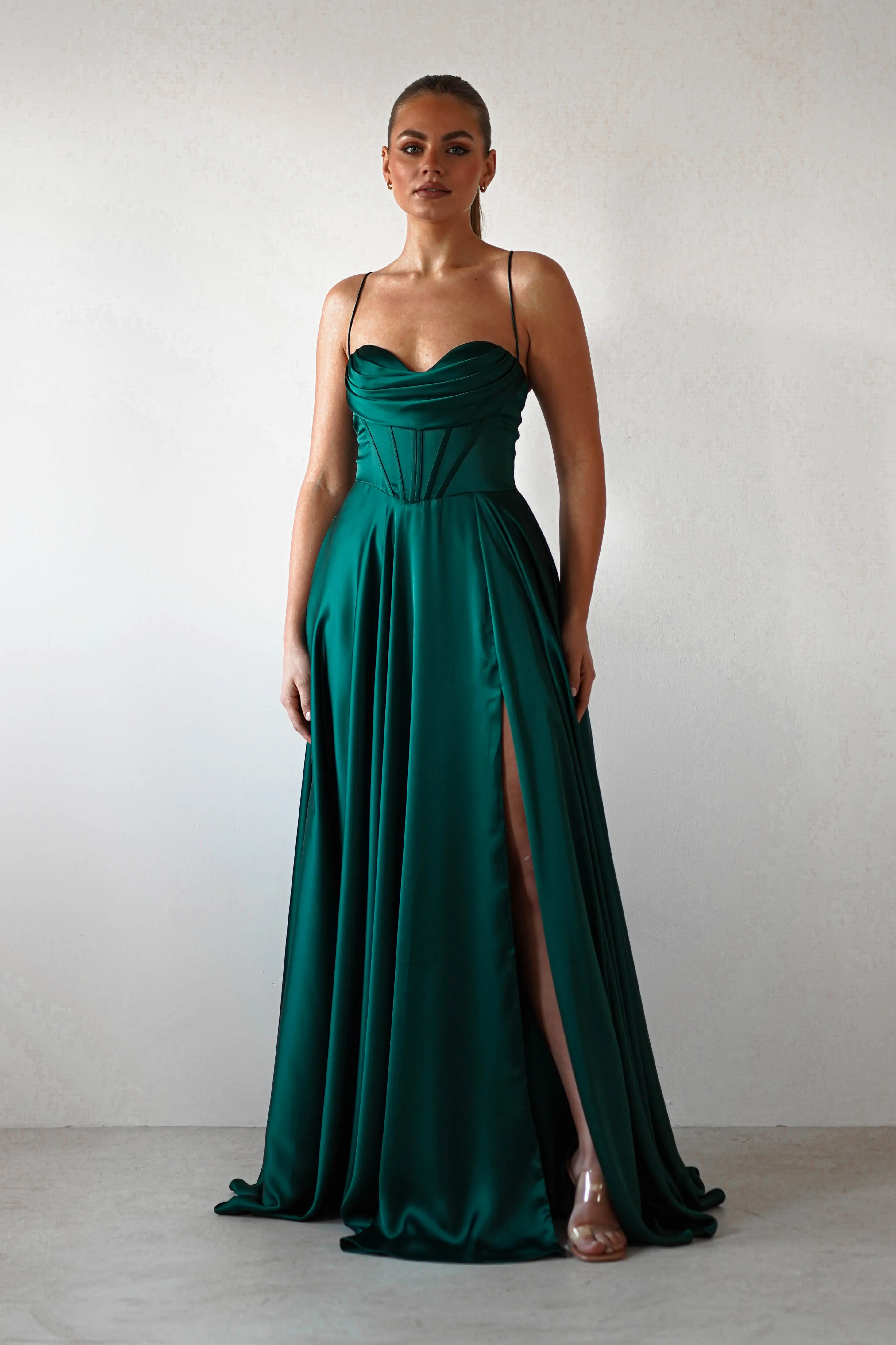 Bella Luxe Aline Satin Gown | Emerald