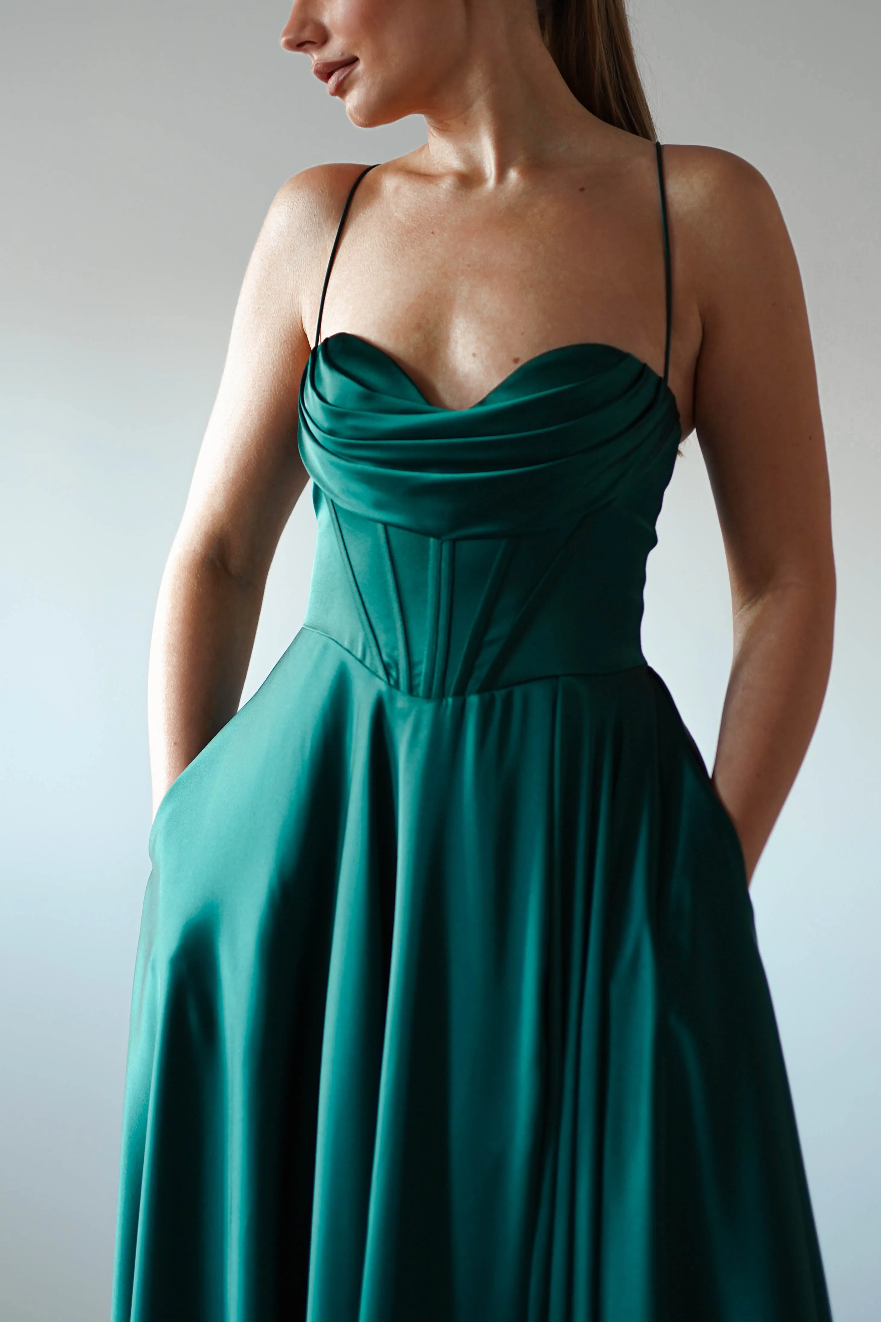 Bella Luxe Aline Satin Gown | Emerald