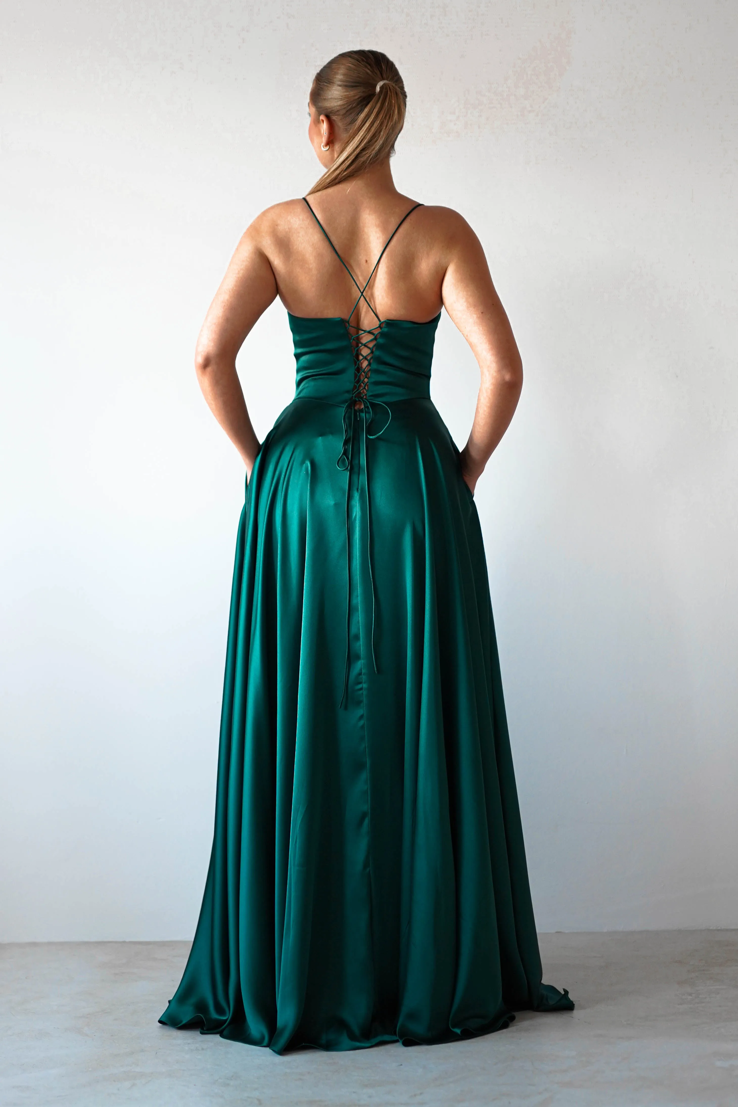 Bella Luxe Aline Satin Gown | Emerald