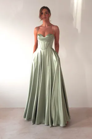 Bella Luxe Aline Satin Gown | Sage