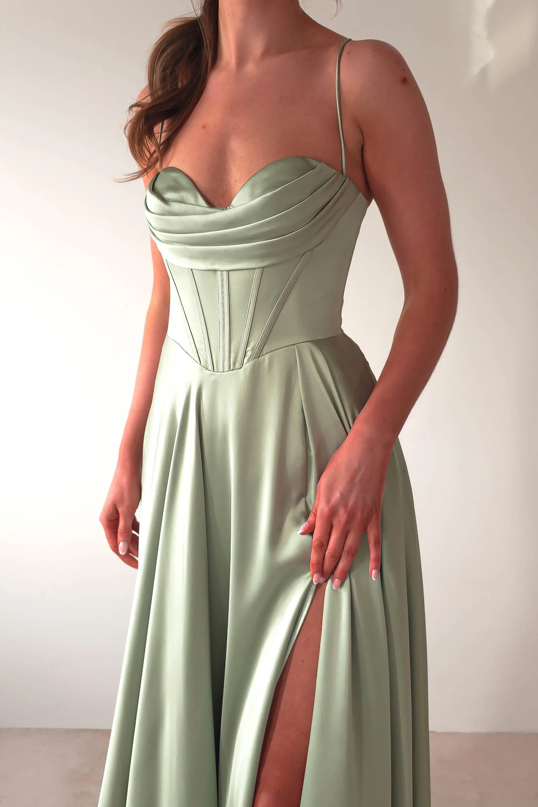 Bella Luxe Aline Satin Gown | Sage