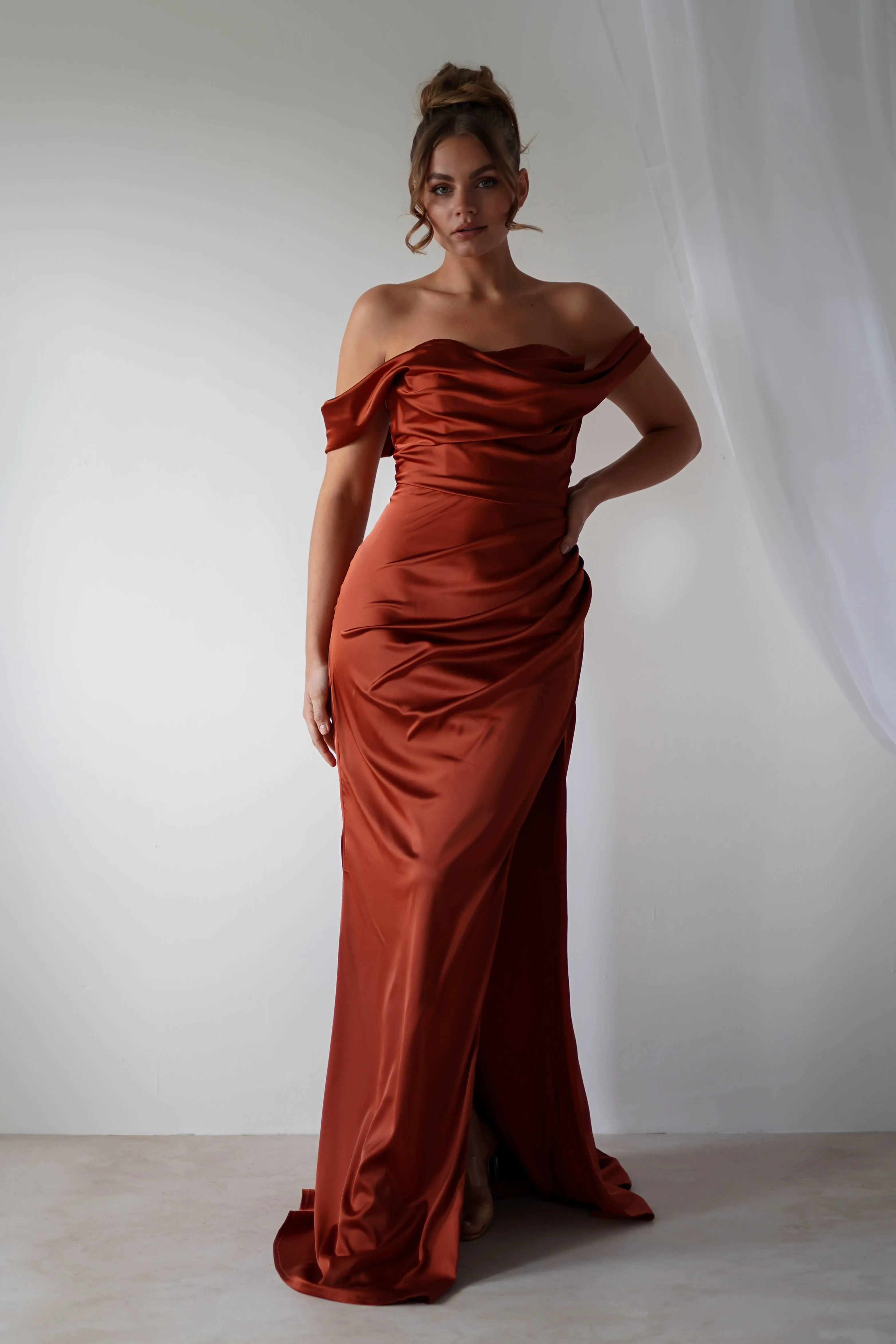 Beth Draped Silky Satin Gown | Rust
