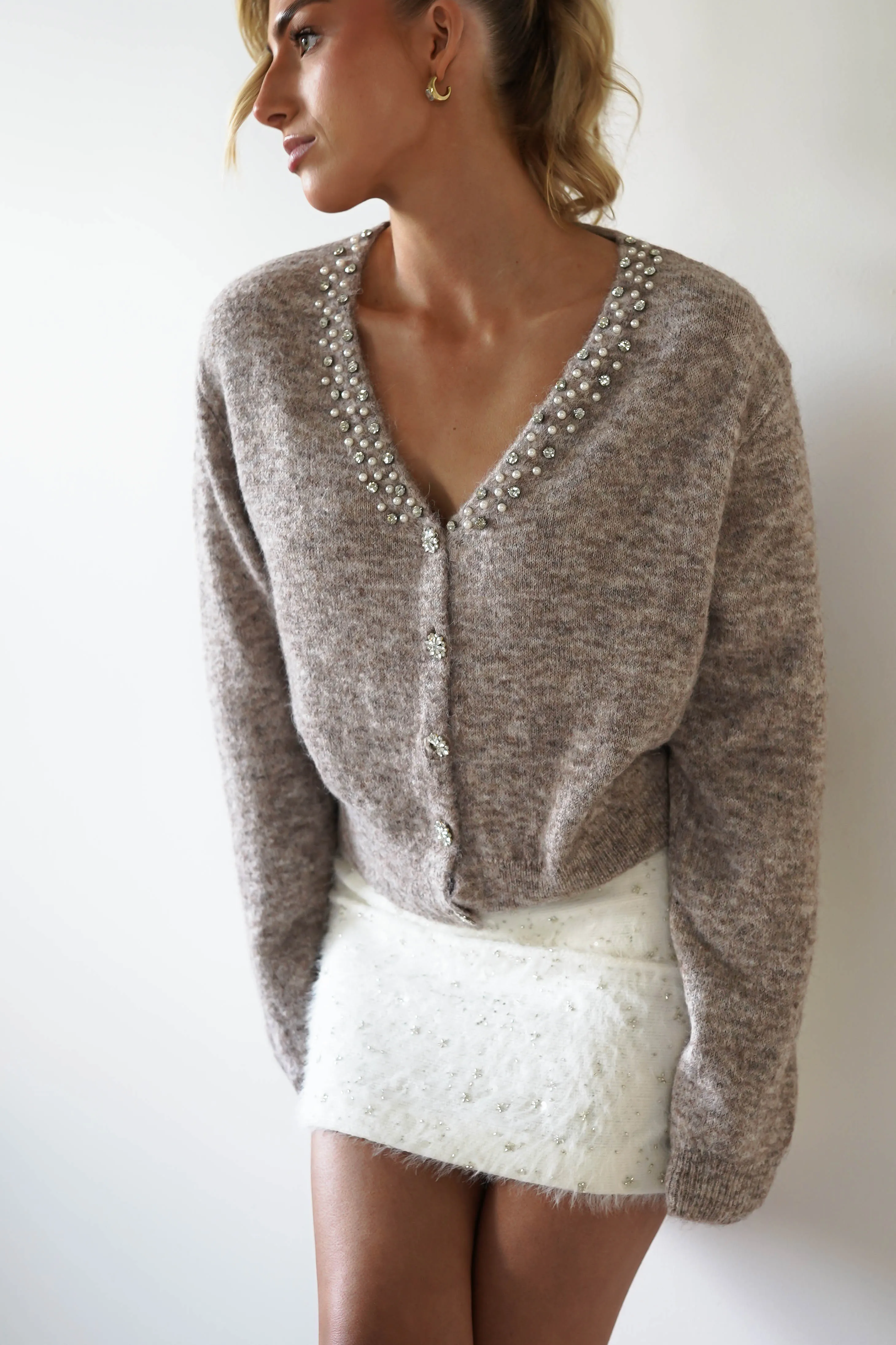 Cali Knitted Embellished Cardigan | Taupe