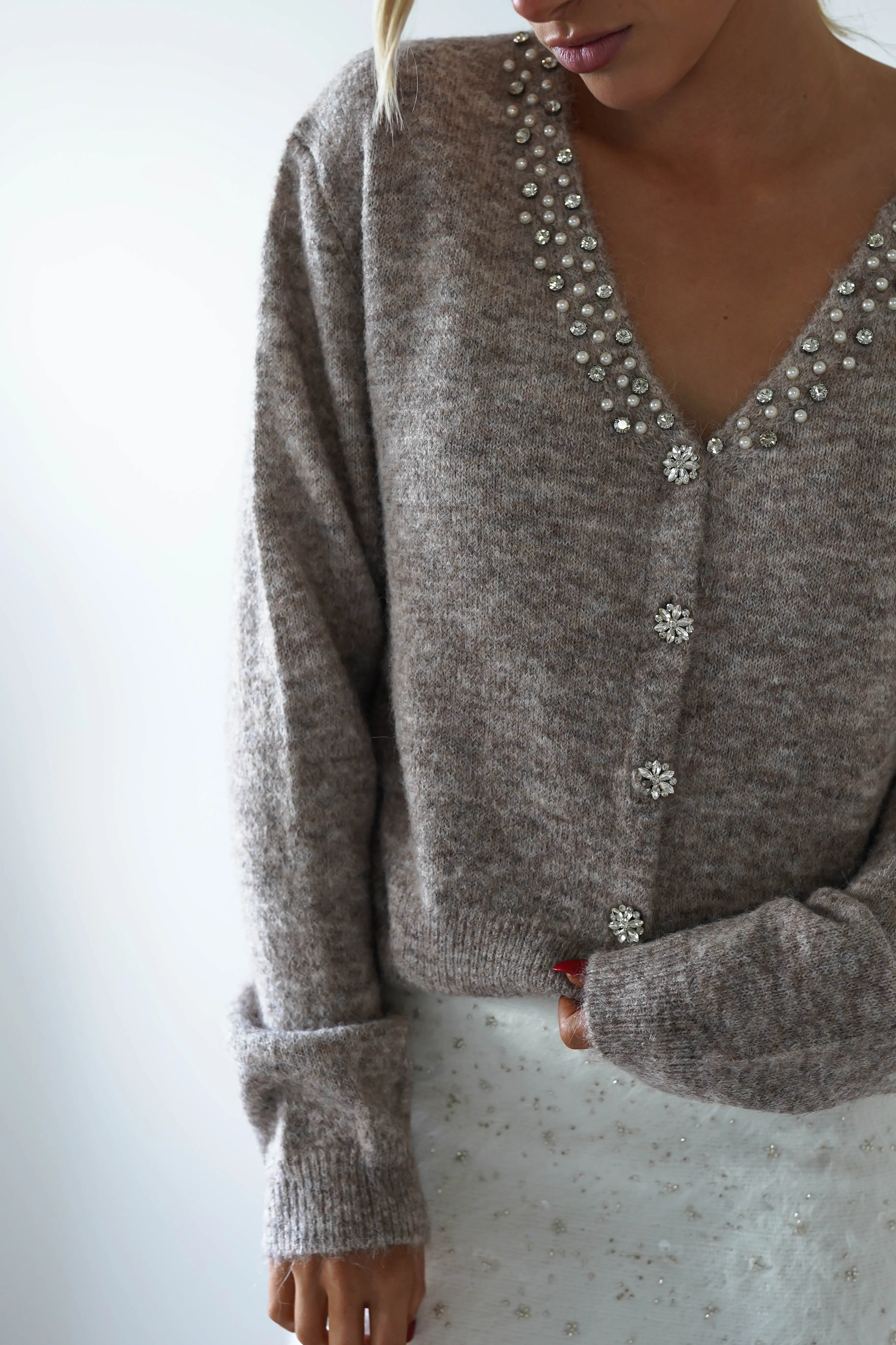 Cali Knitted Embellished Cardigan | Taupe