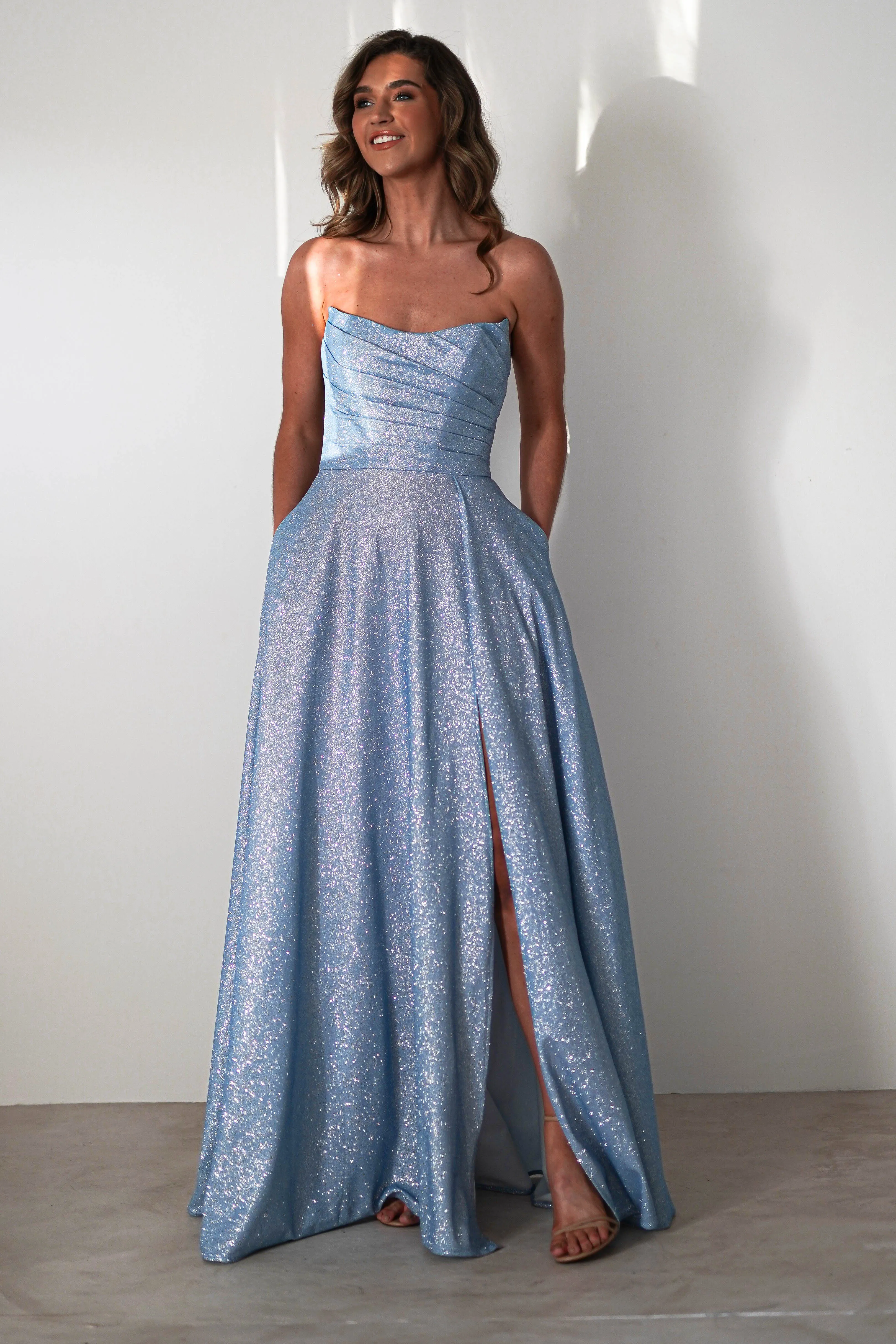 Cassia Strapless Glitter Aline Gown | Blue