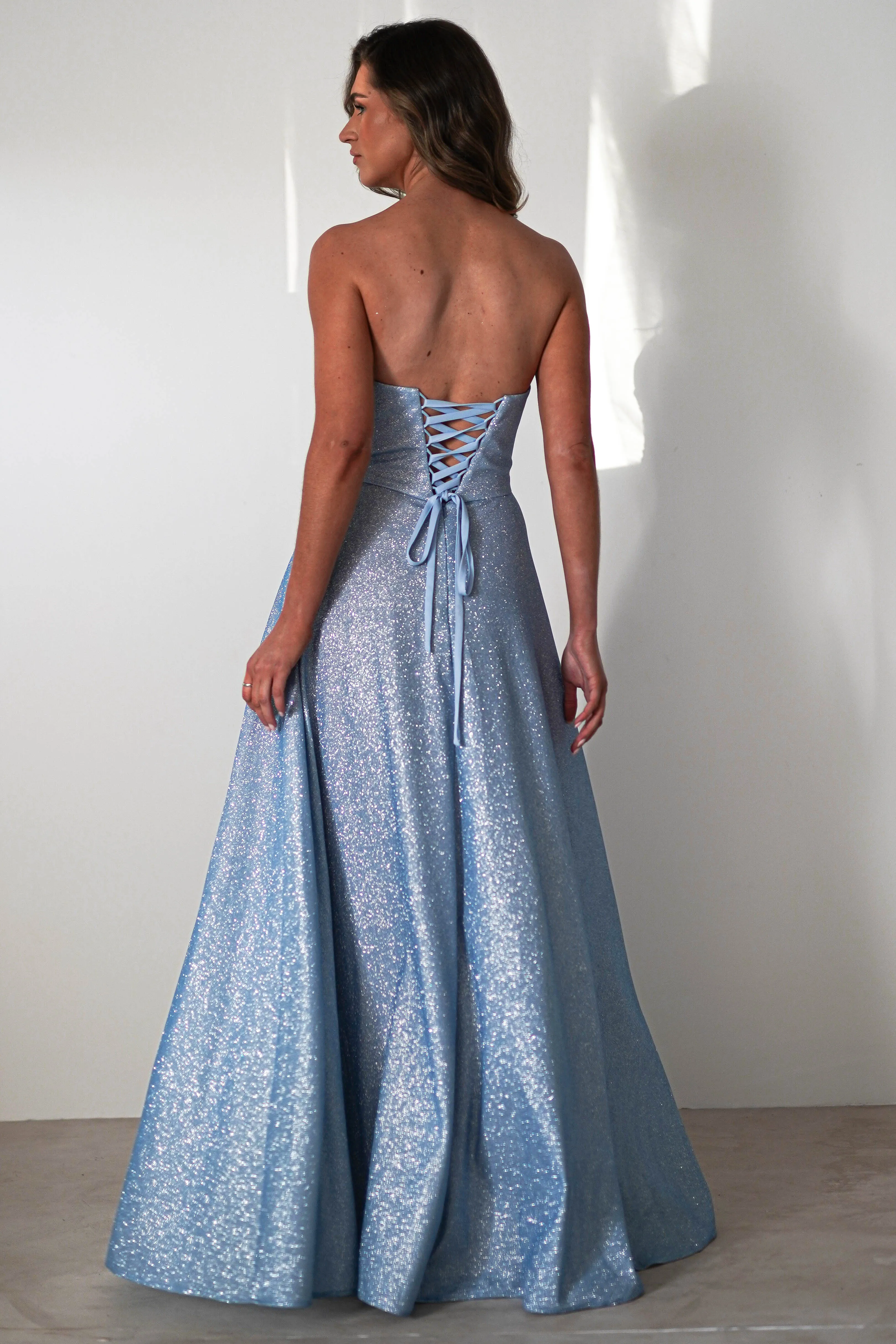 Cassia Strapless Glitter Aline Gown | Blue