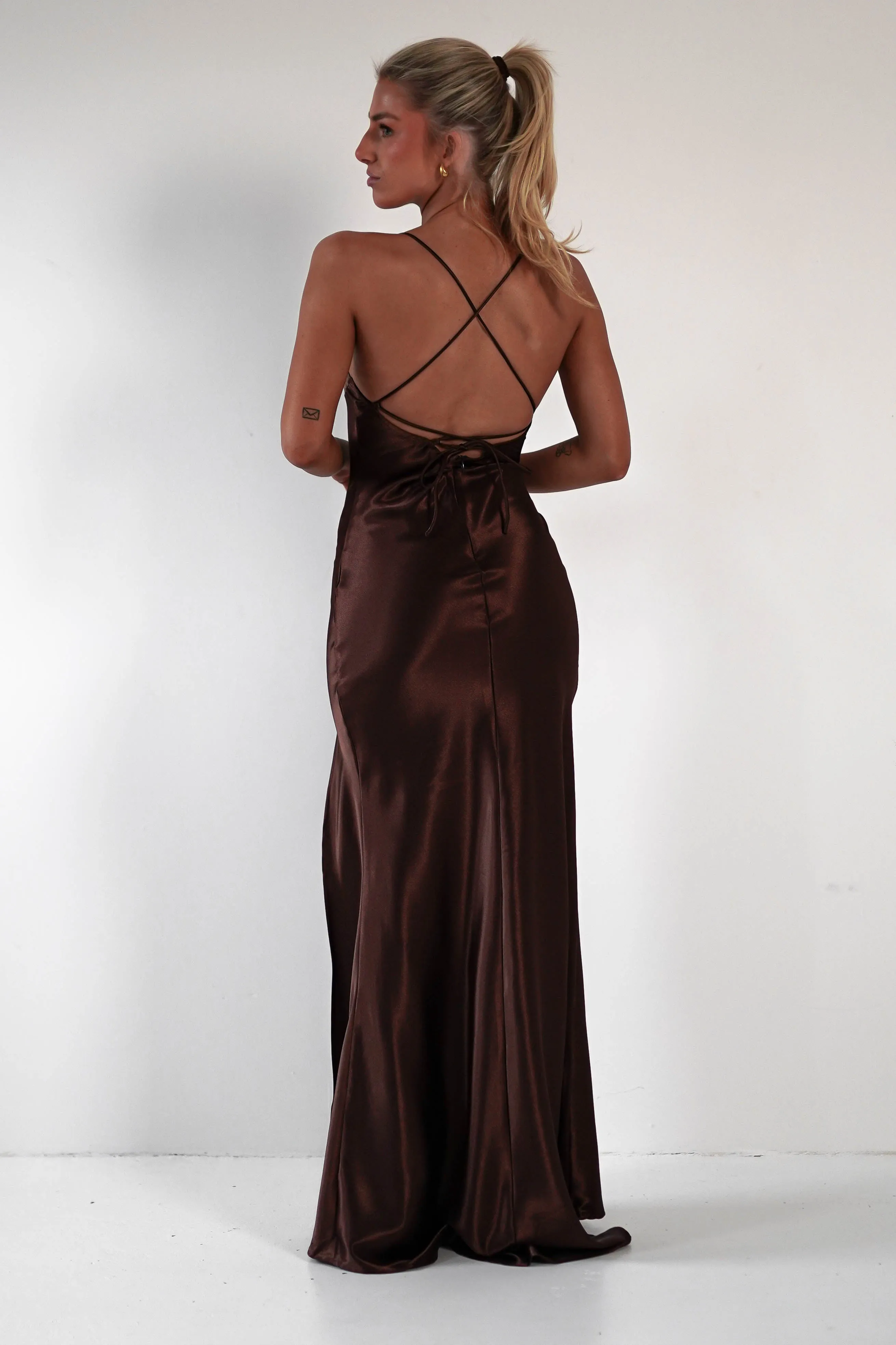 Celinee Satin Maxi Gown | Brown