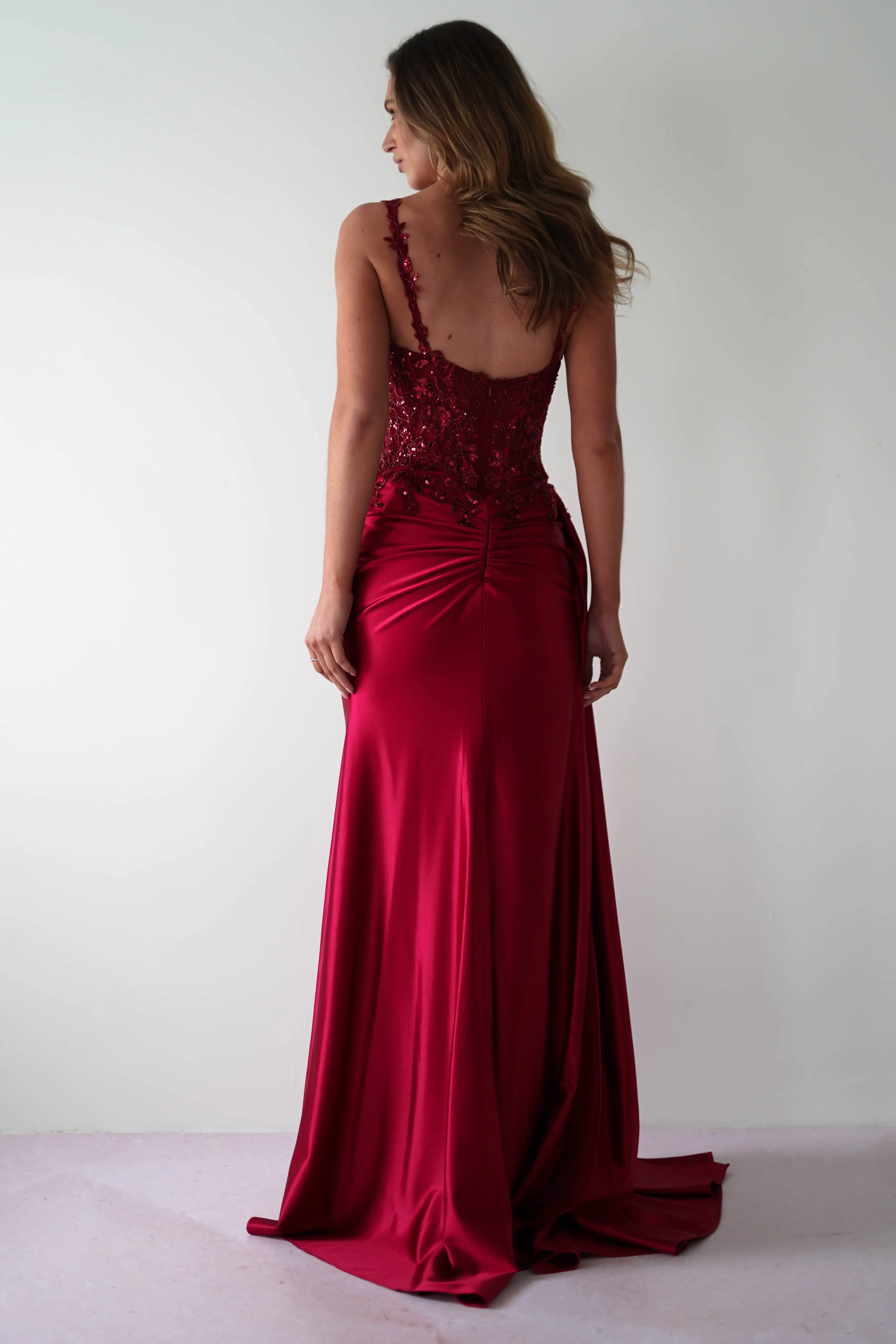 Cindy Pleated Bodice Gown | Burgundy