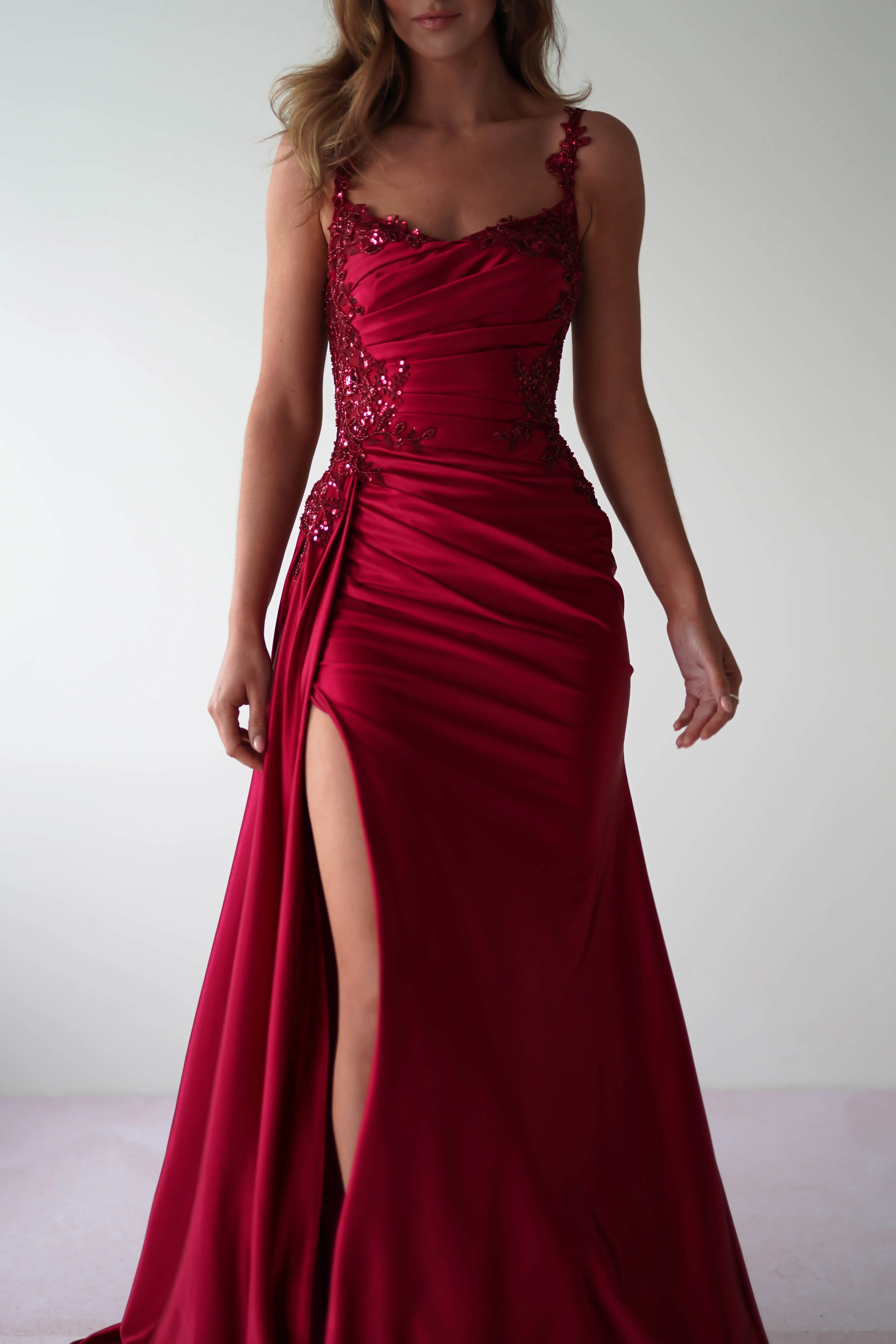 Cindy Pleated Bodice Gown | Burgundy