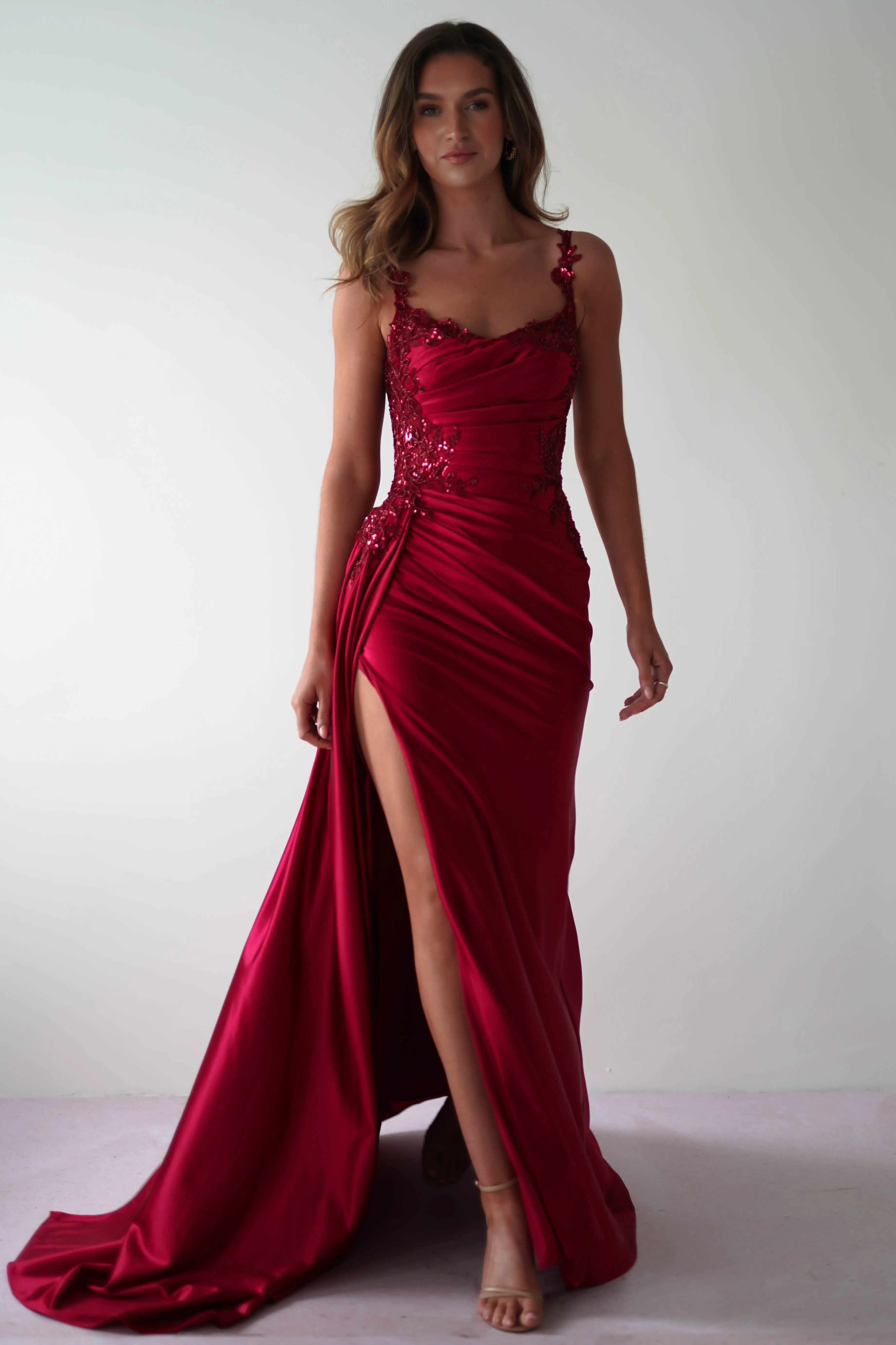 Cindy Pleated Bodice Gown | Burgundy