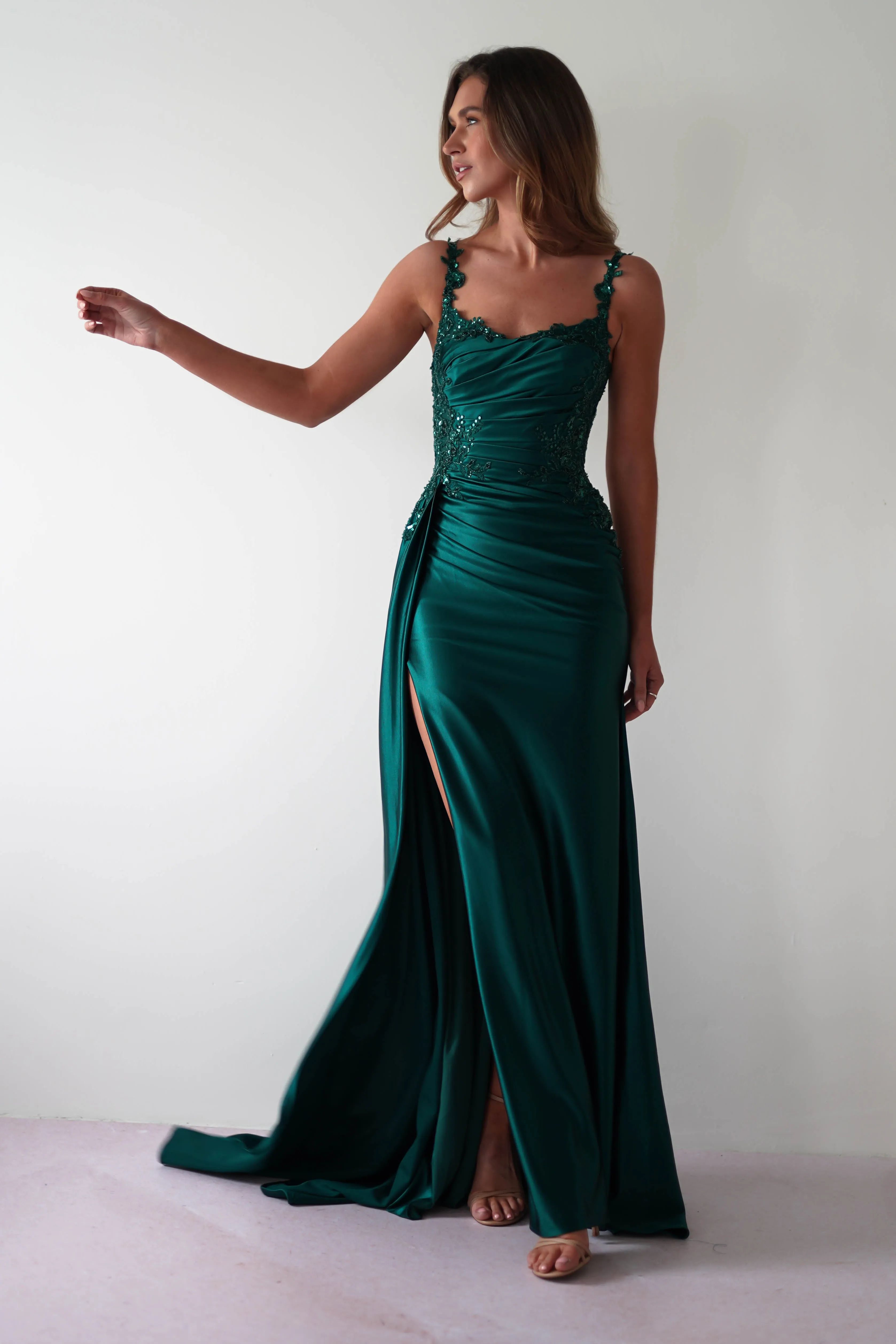 Cindy Pleated Bodice Gown | Emerald Green
