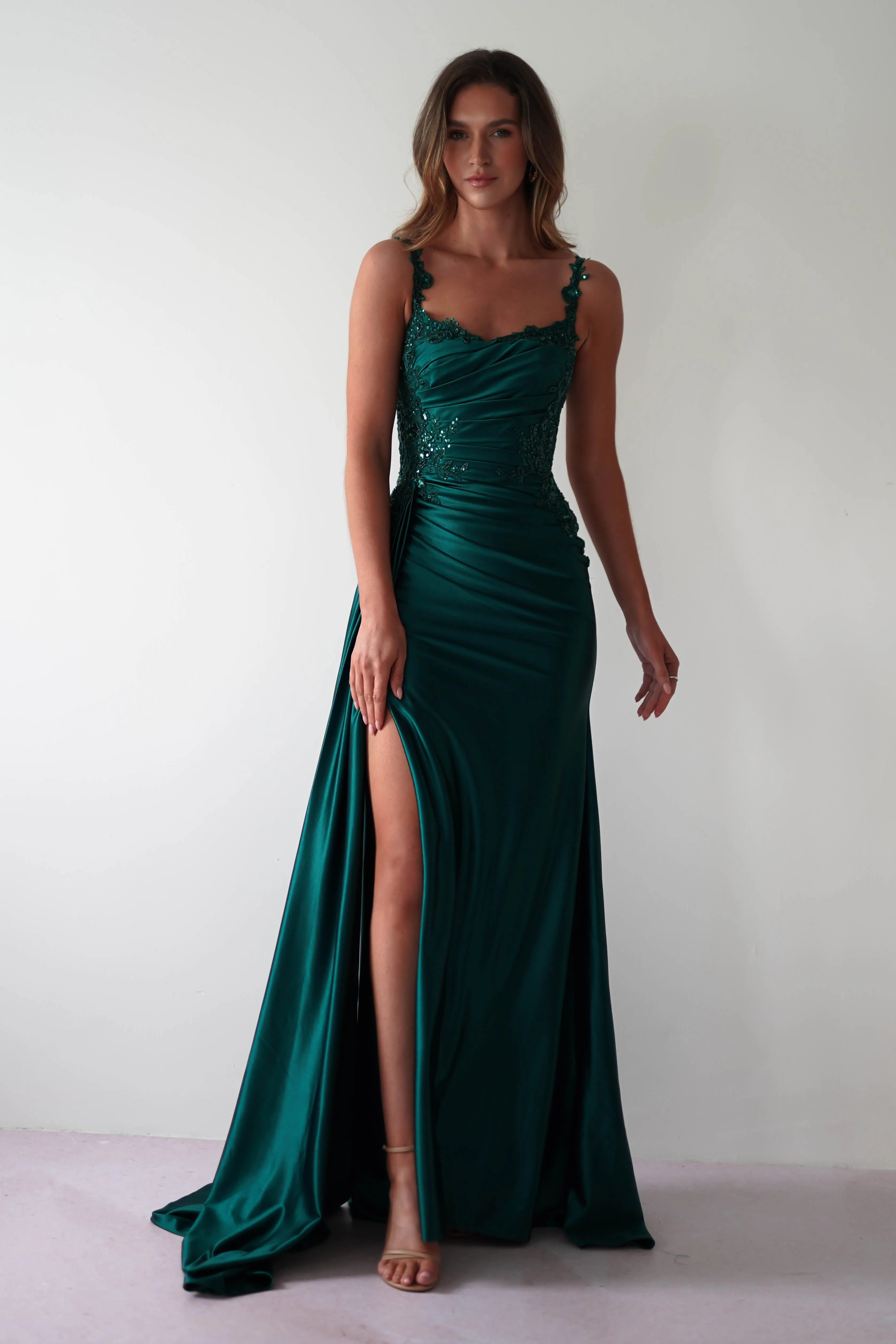 Cindy Pleated Bodice Gown | Emerald Green