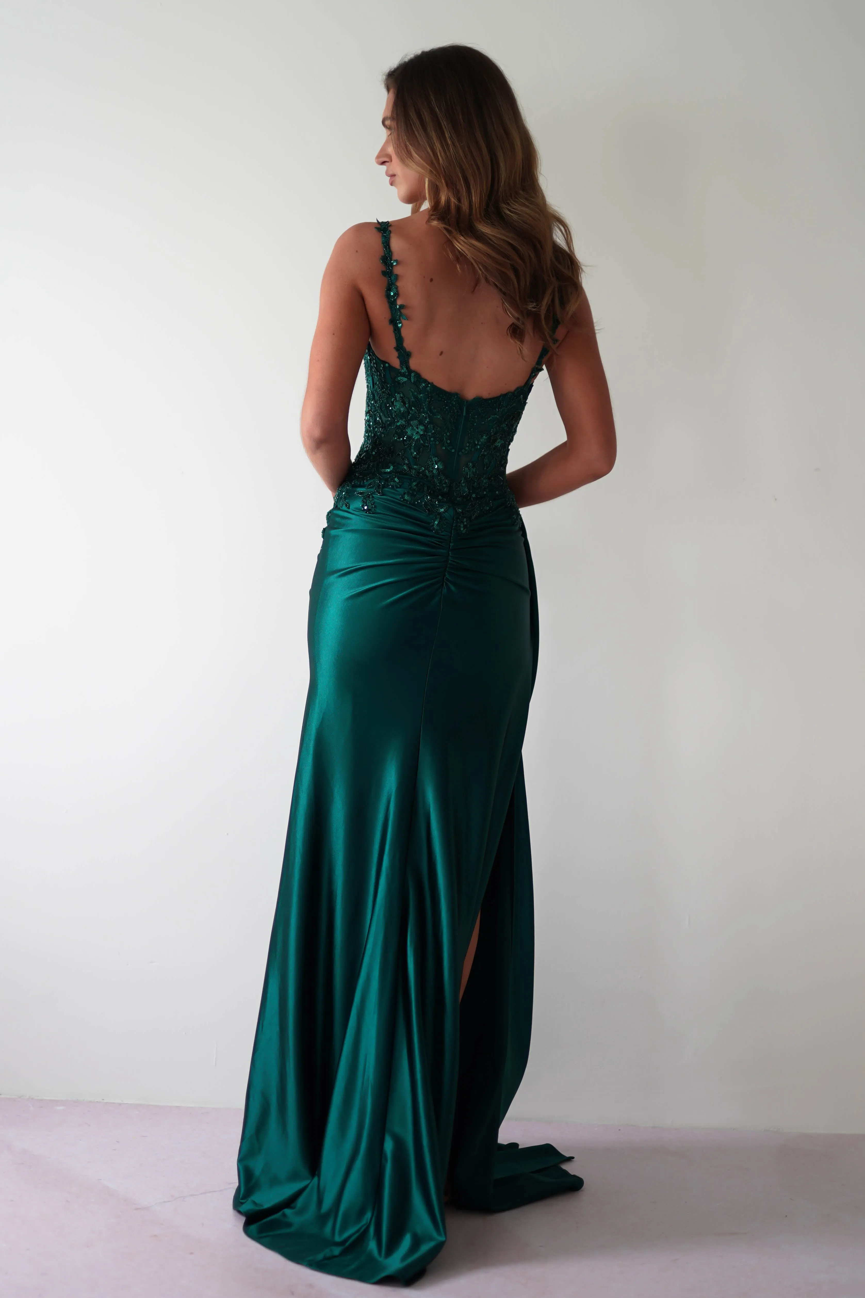 Cindy Pleated Bodice Gown | Emerald Green