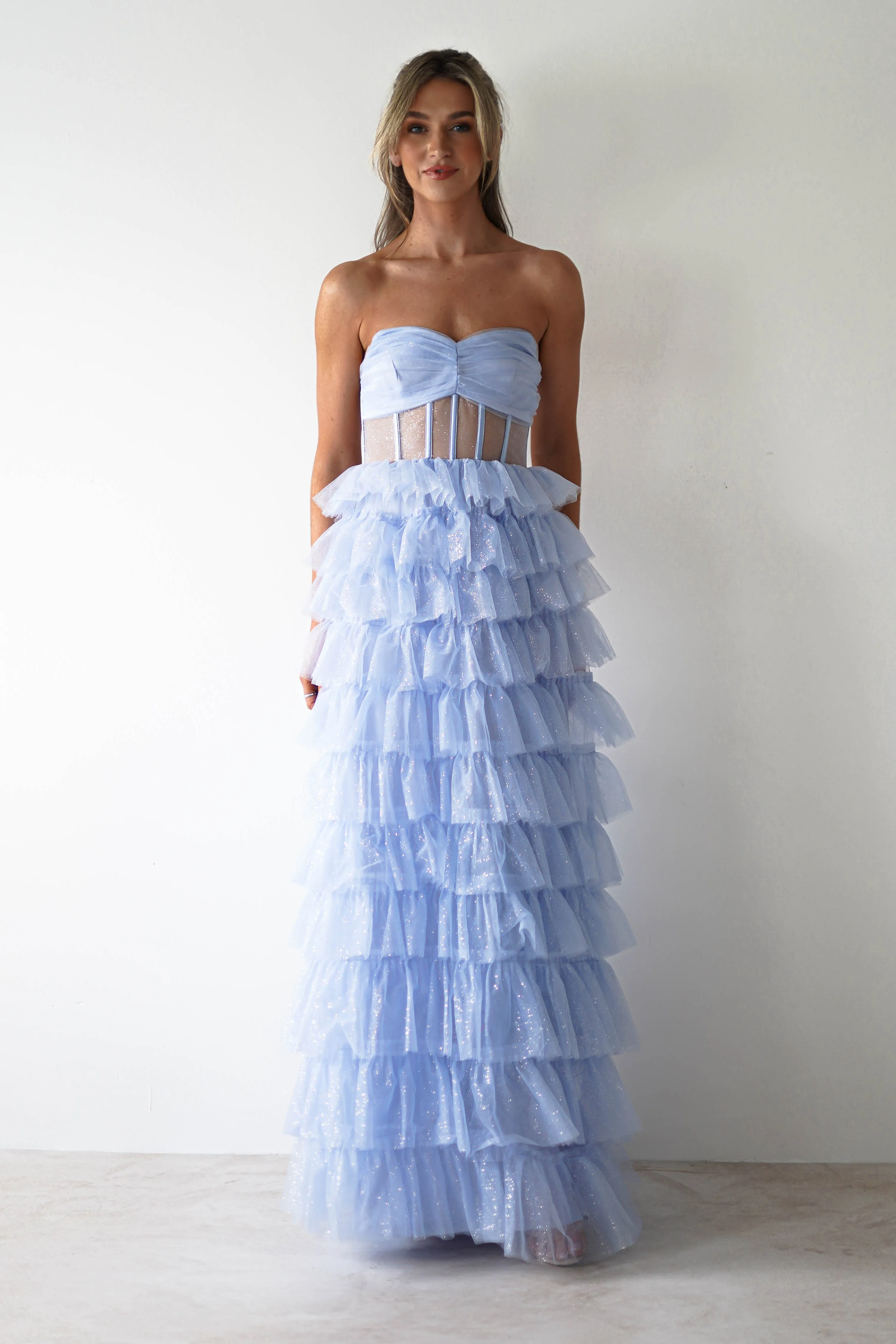 Claudette Ruffle Glitter Maxi Dress | Blue