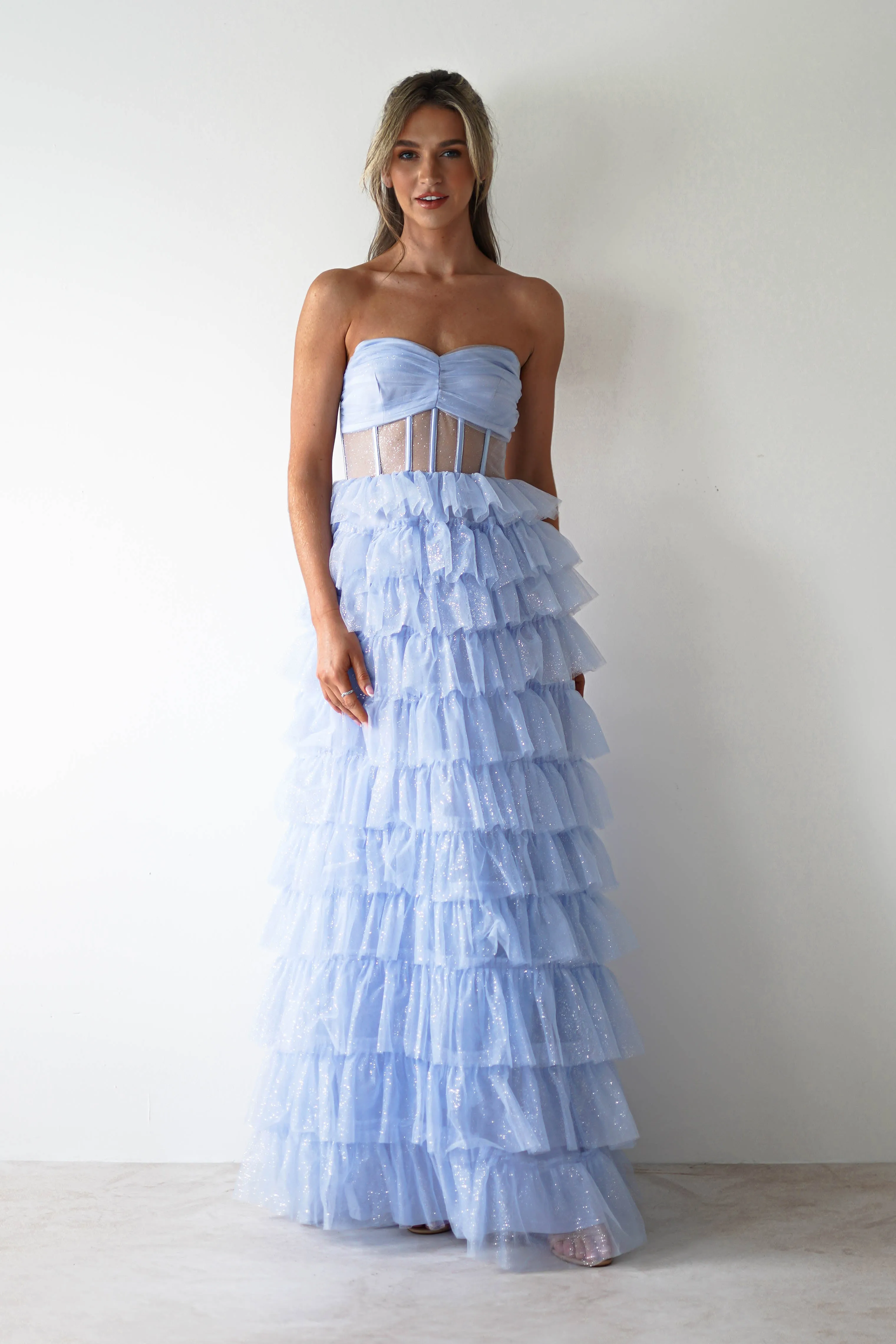 Claudette Ruffle Glitter Maxi Dress | Blue