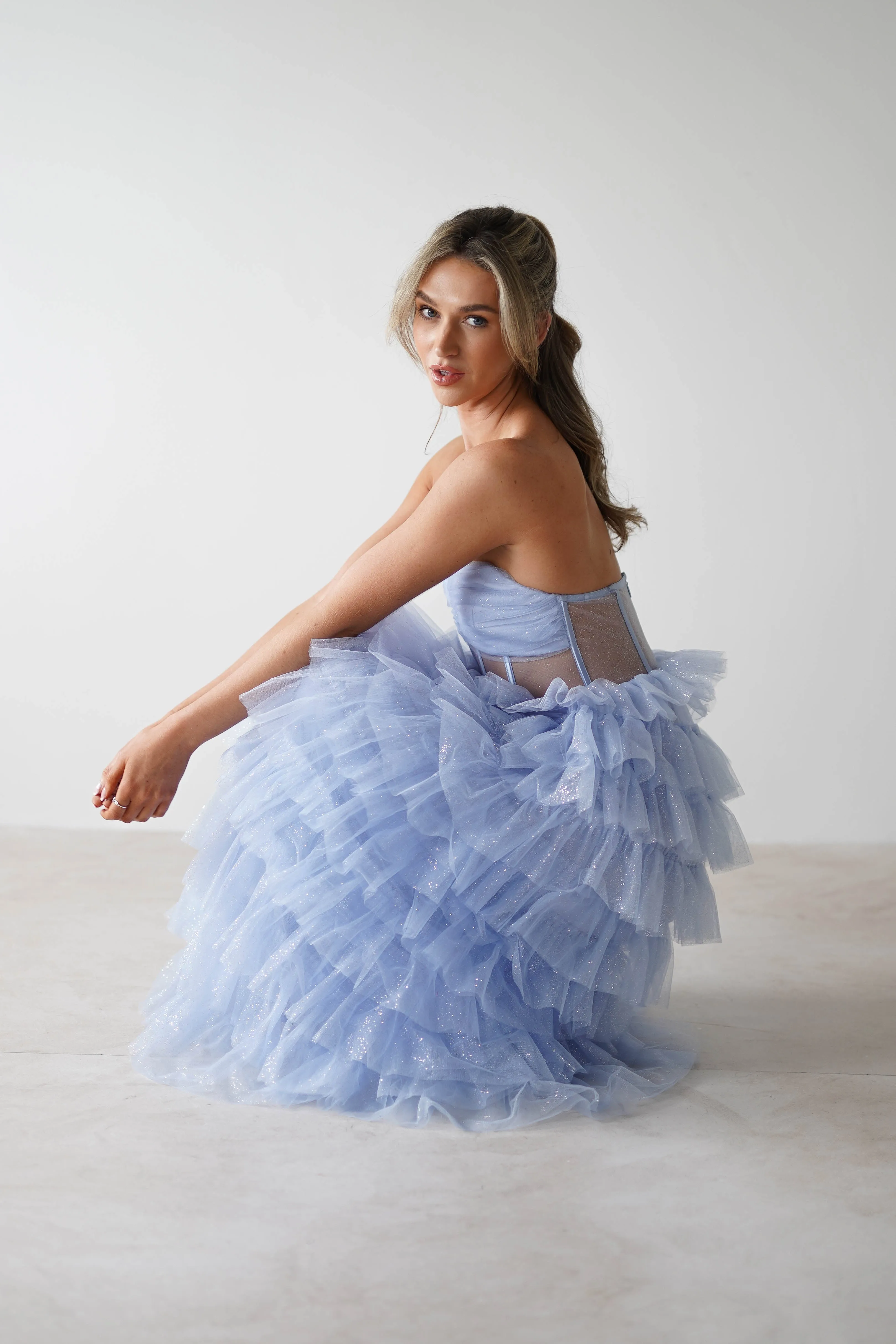 Claudette Ruffle Glitter Maxi Dress | Blue