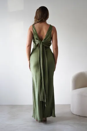 Darlee Tie Back Satin Maxi Dress | Olive