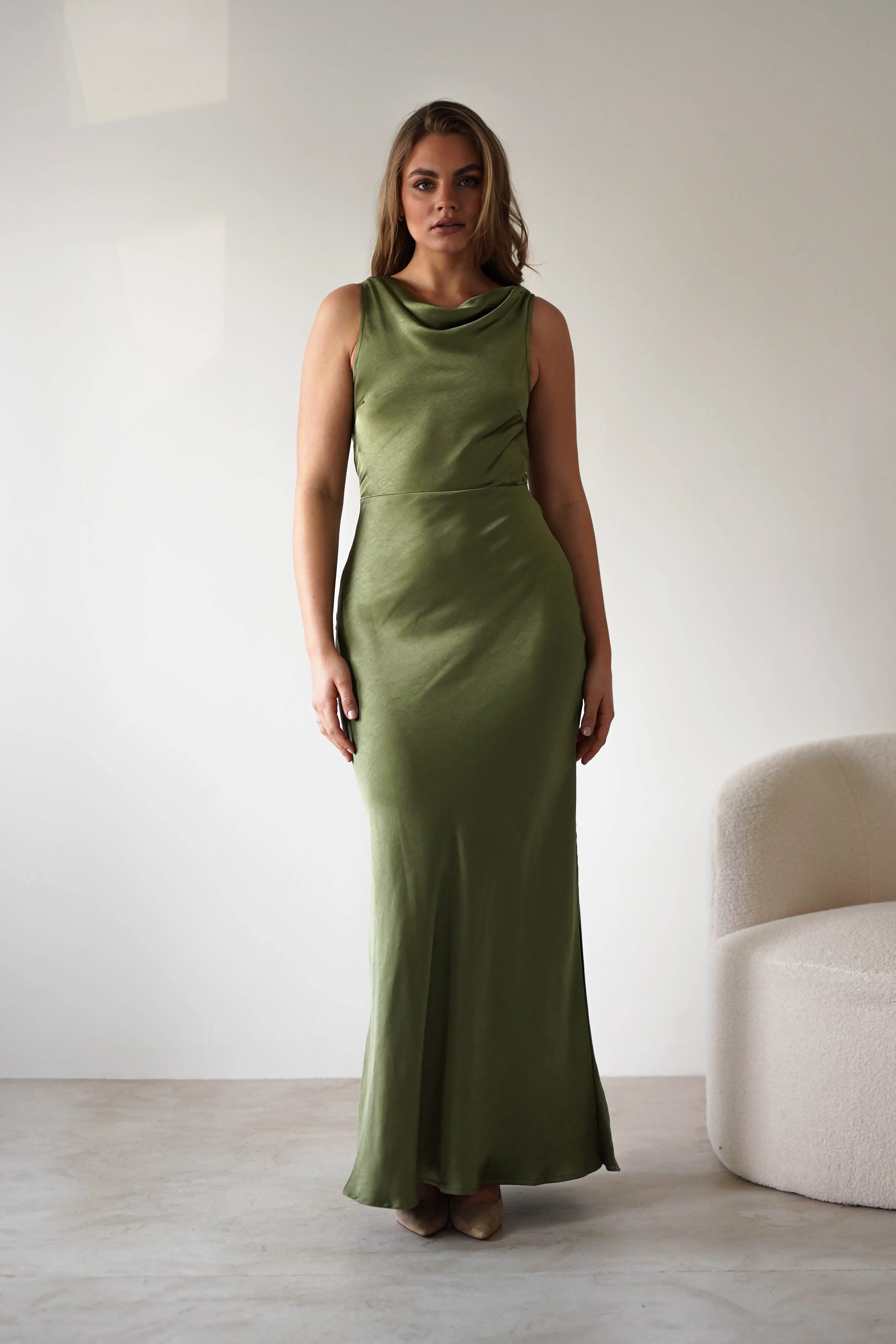 Darlee Tie Back Satin Maxi Dress | Olive