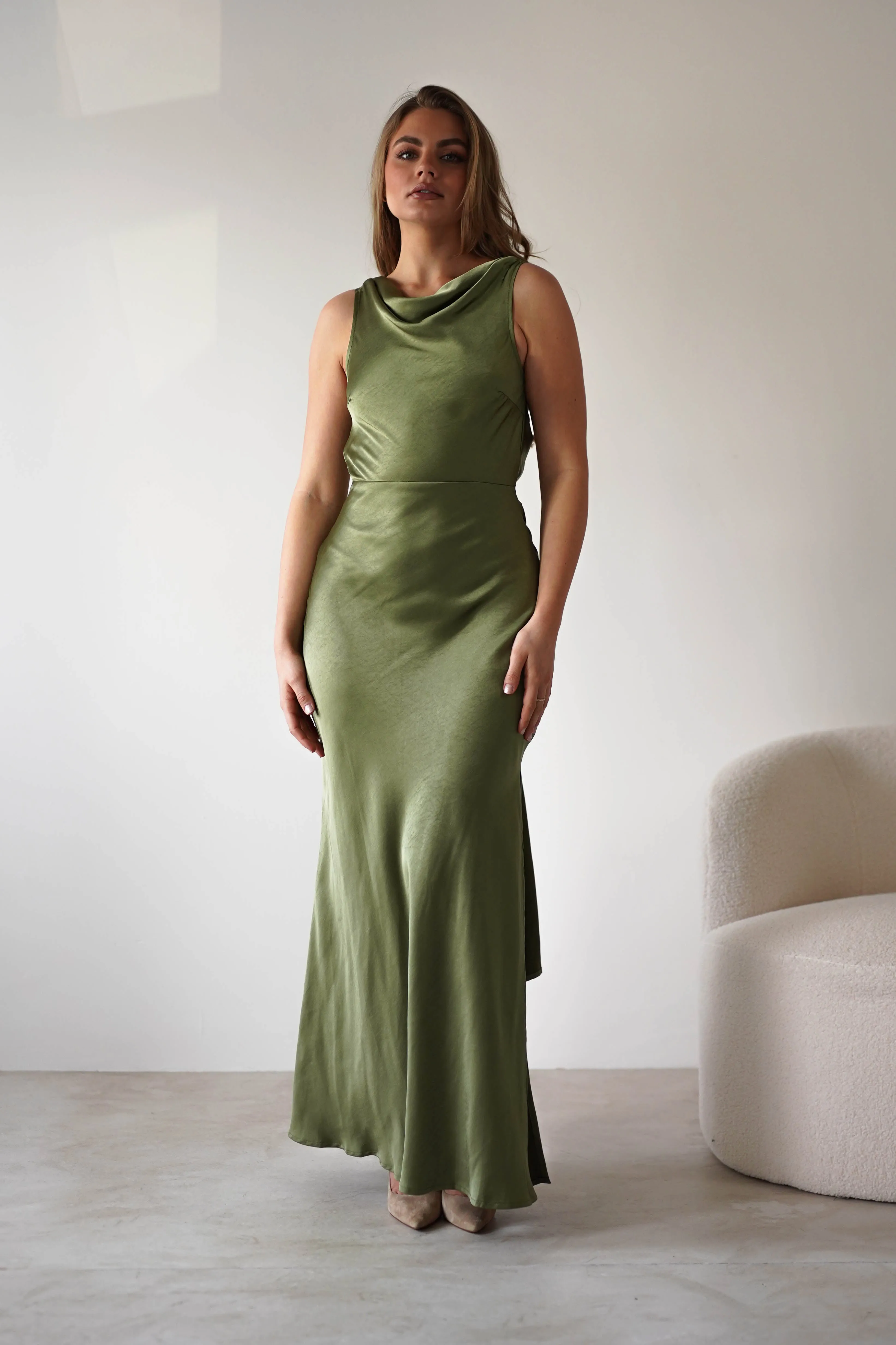 Darlee Tie Back Satin Maxi Dress | Olive