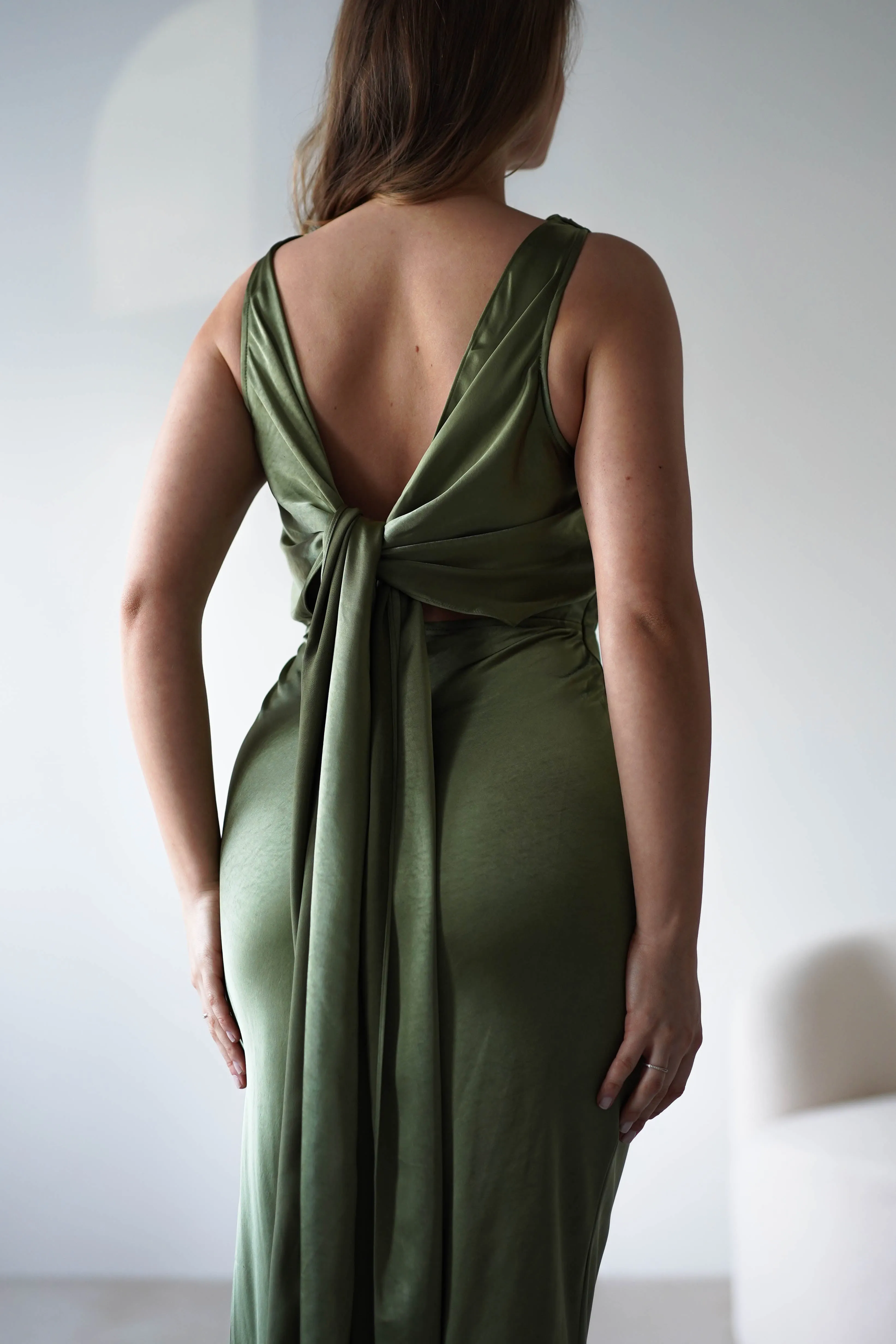 Darlee Tie Back Satin Maxi Dress | Olive