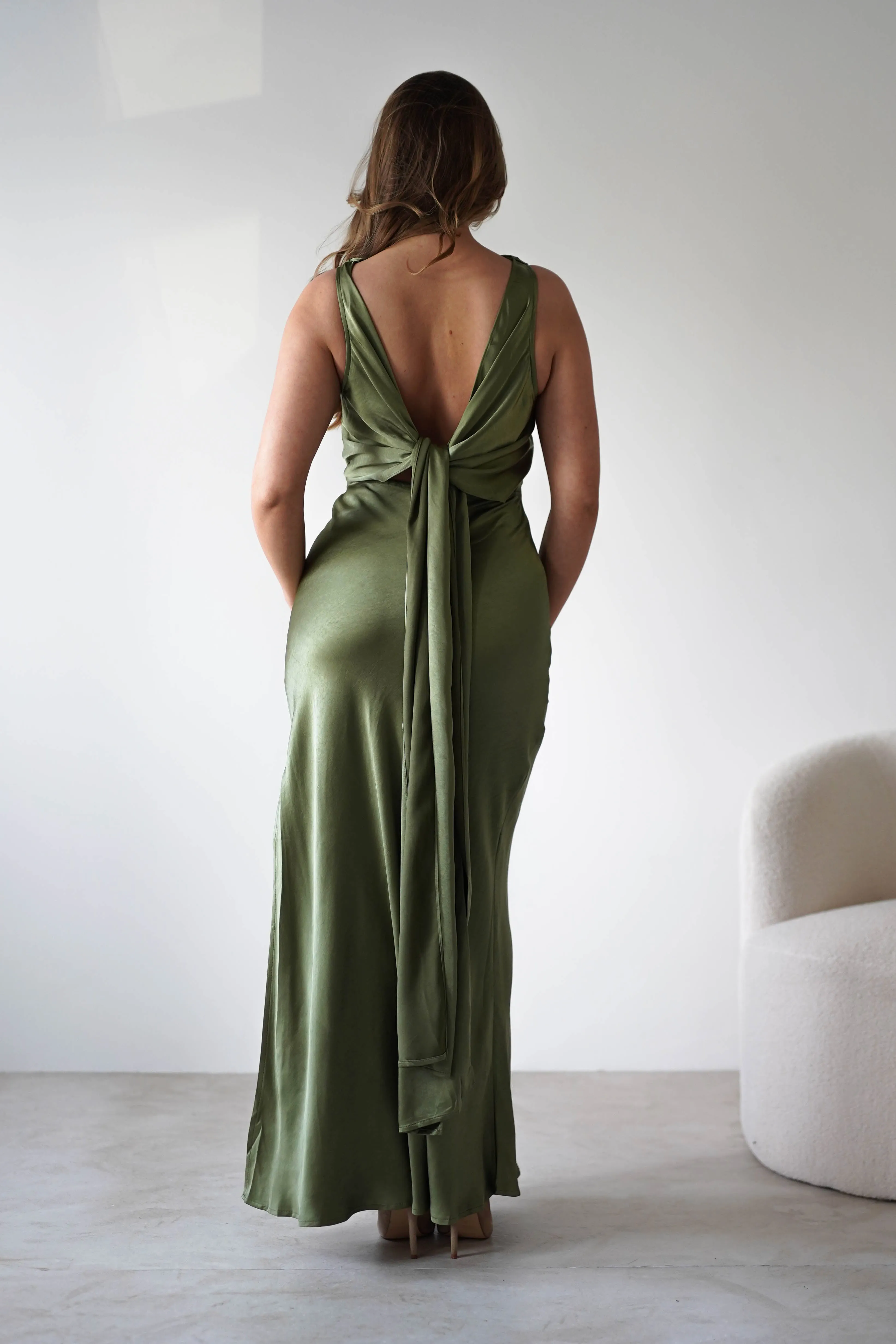 Darlee Tie Back Satin Maxi Dress | Olive