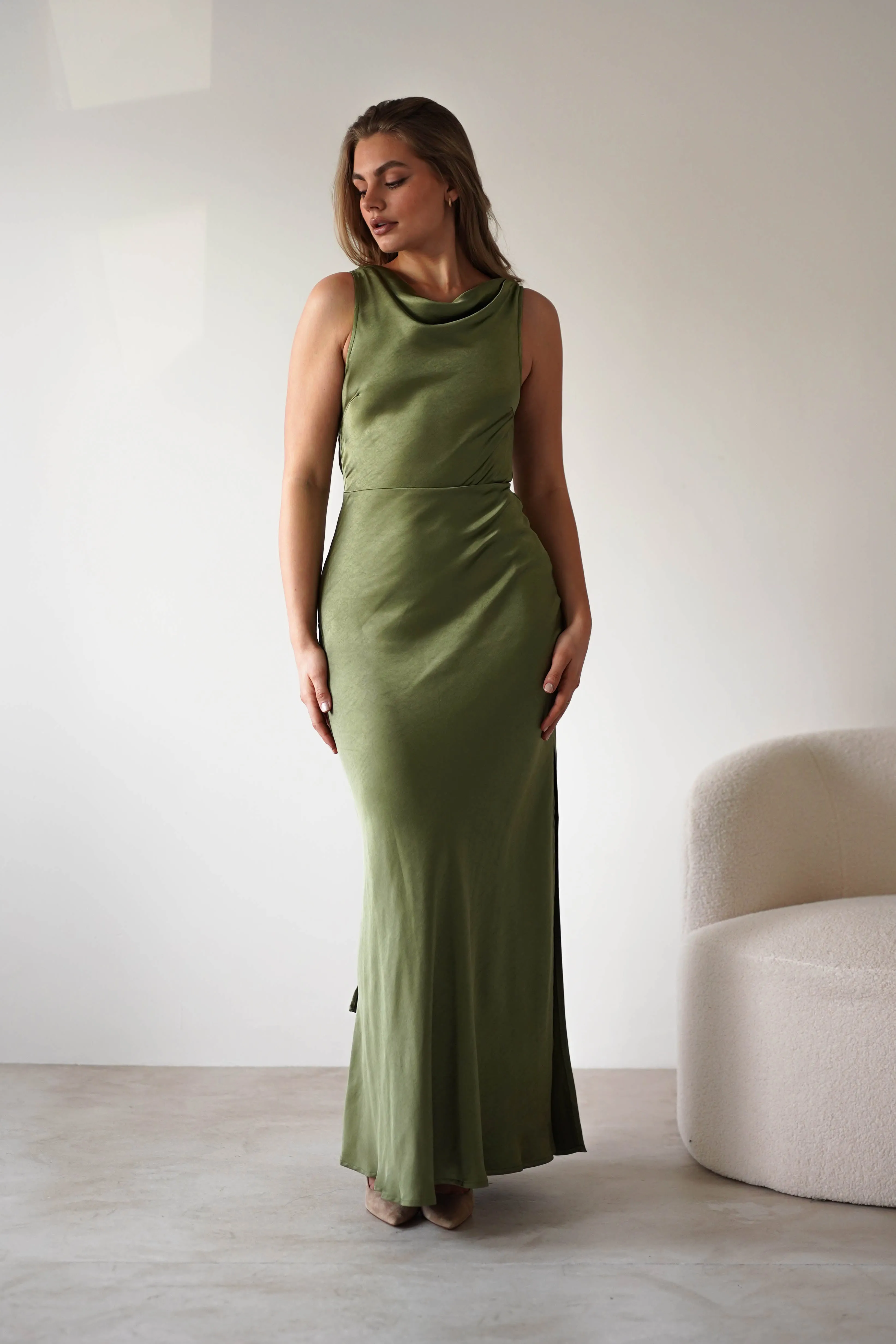 Darlee Tie Back Satin Maxi Dress | Olive