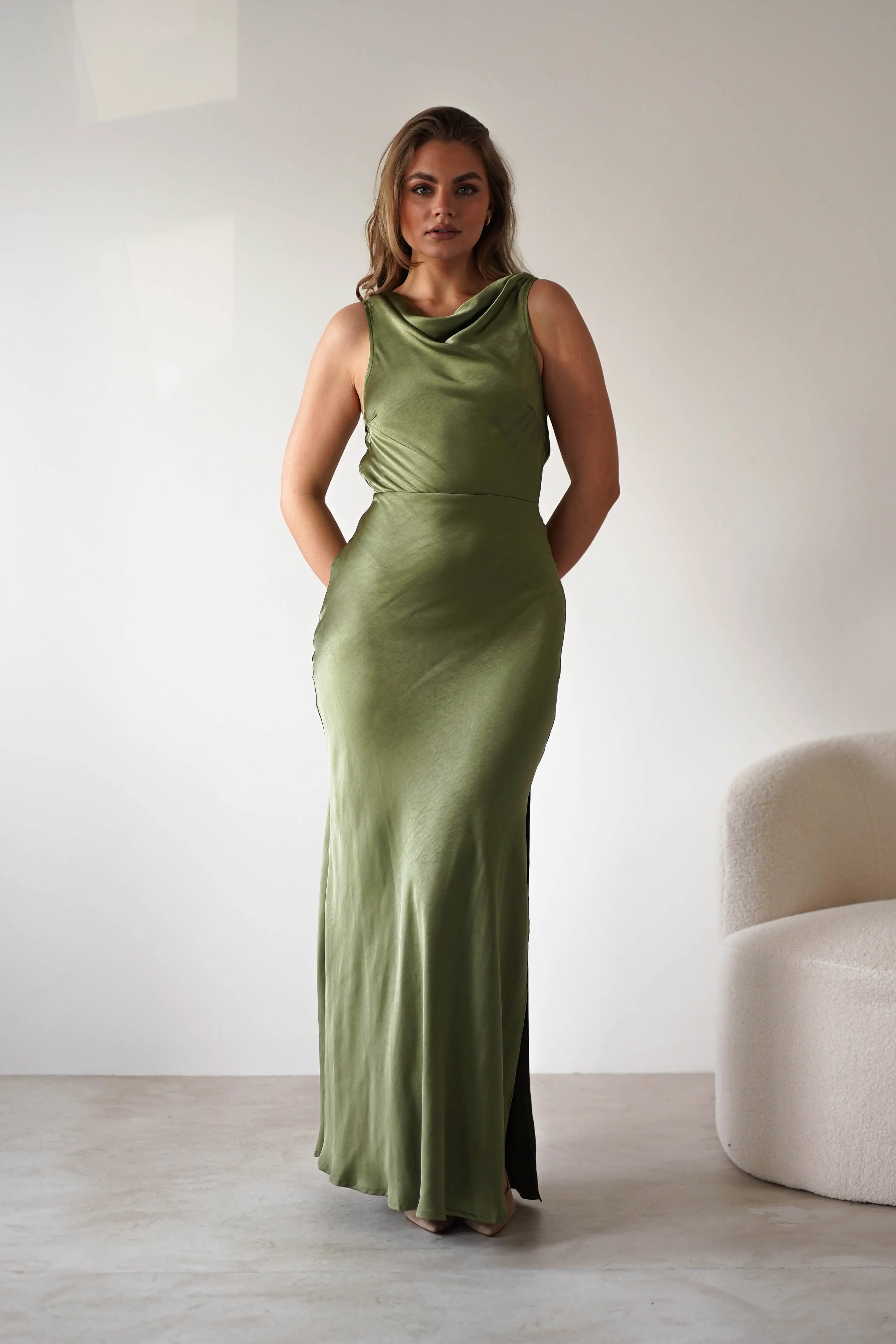 Darlee Tie Back Satin Maxi Dress | Olive