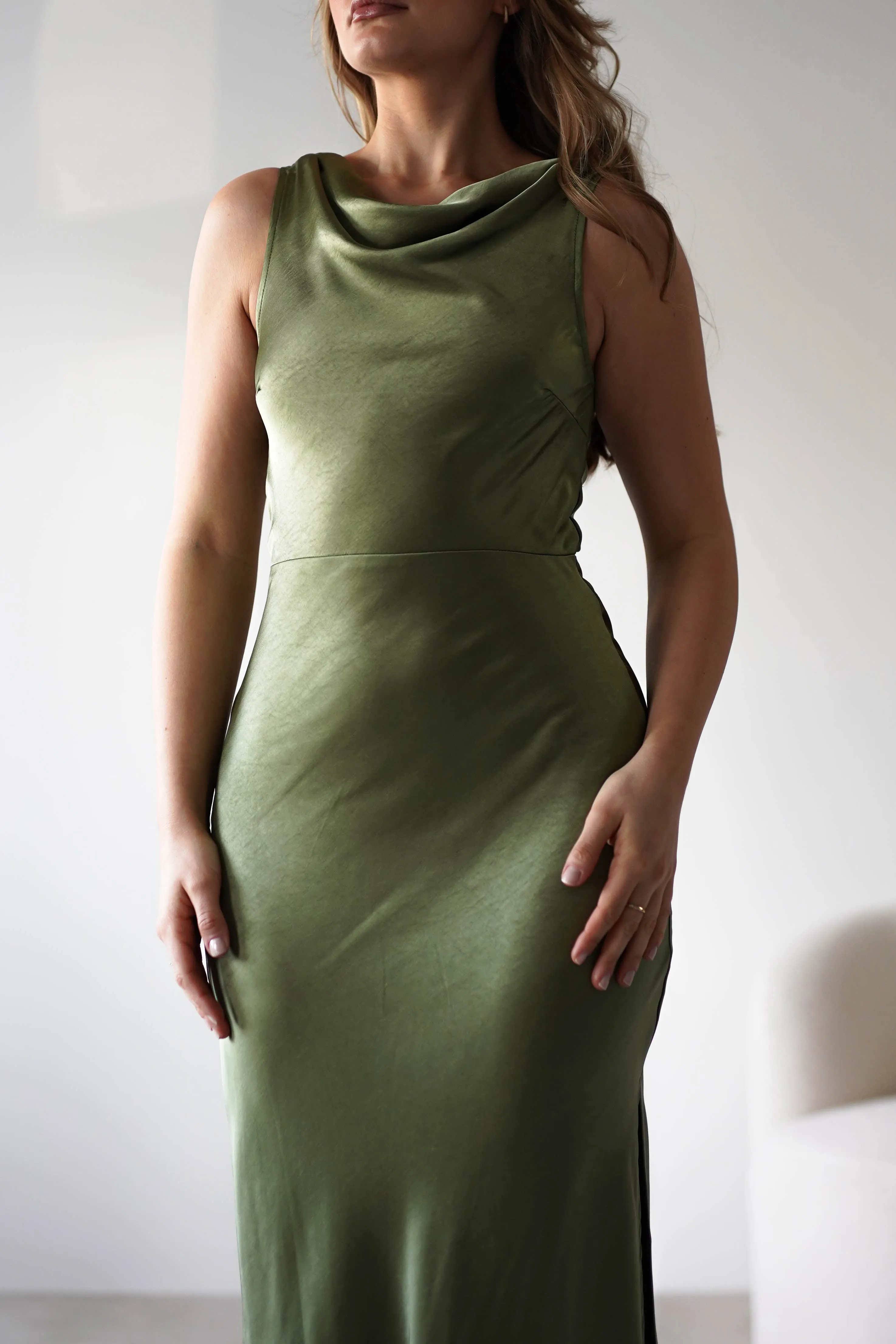 Darlee Tie Back Satin Maxi Dress | Olive