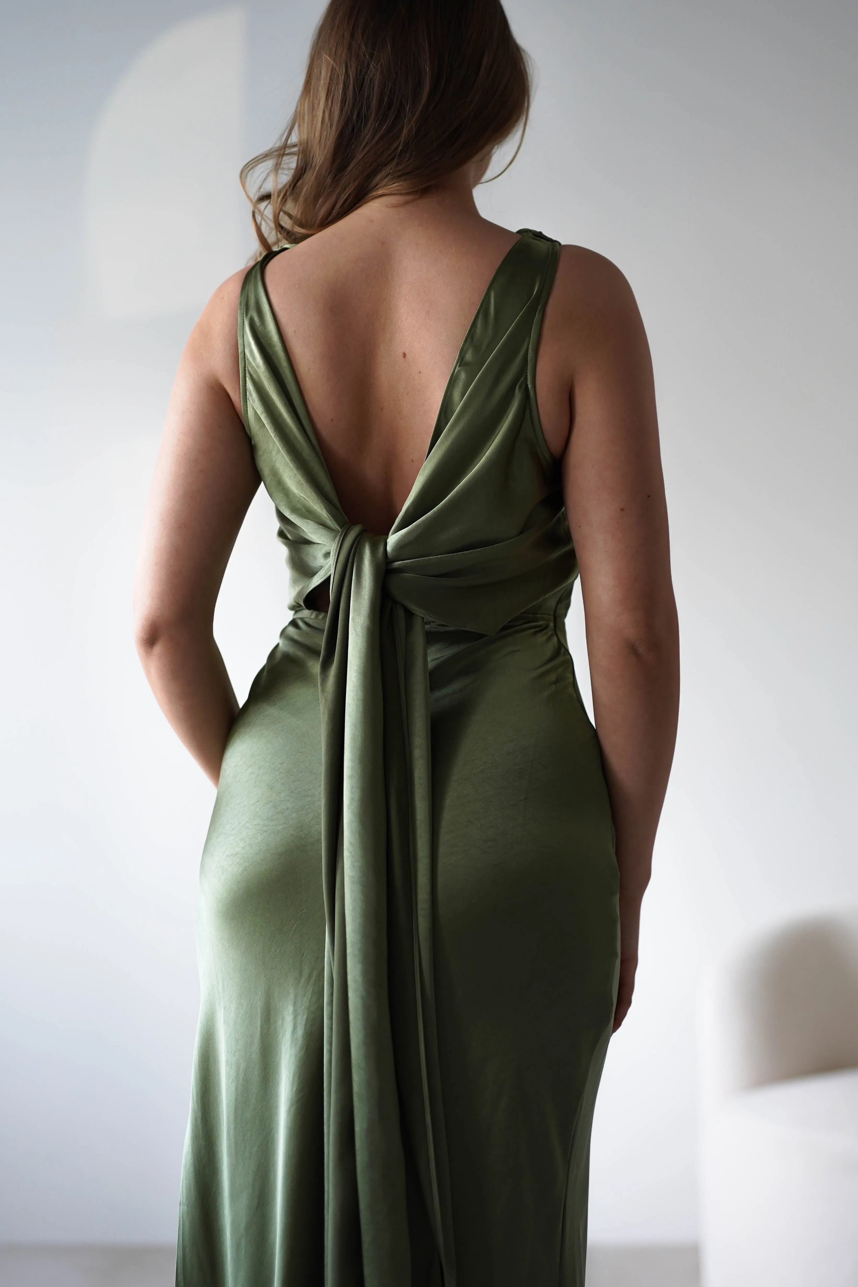 Darlee Tie Back Satin Maxi Dress | Olive