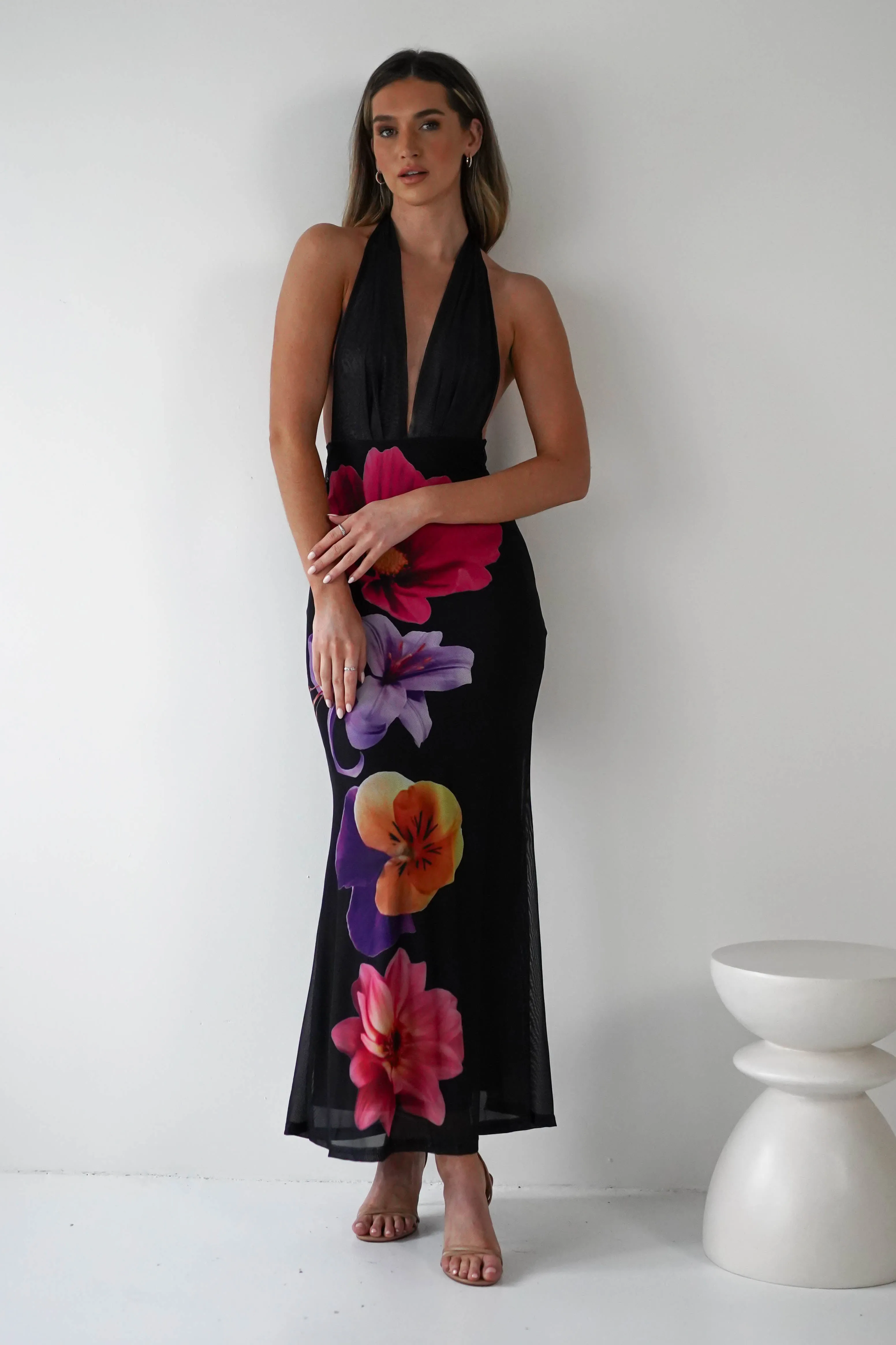 Elanor Floral Print Mesh Maxi Dress | Black