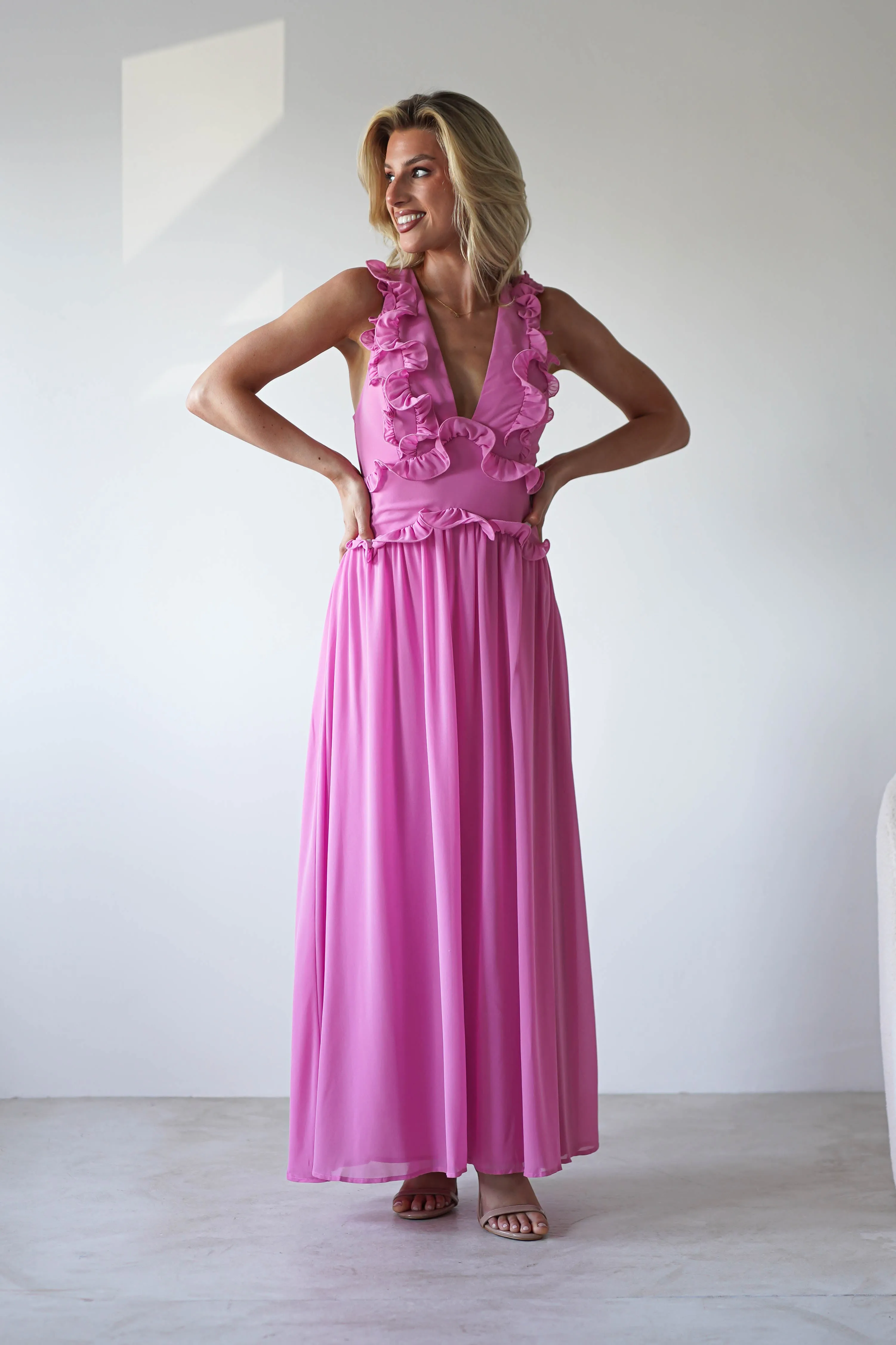 Ellie Ruffle Detail Maxi Dress | Pink