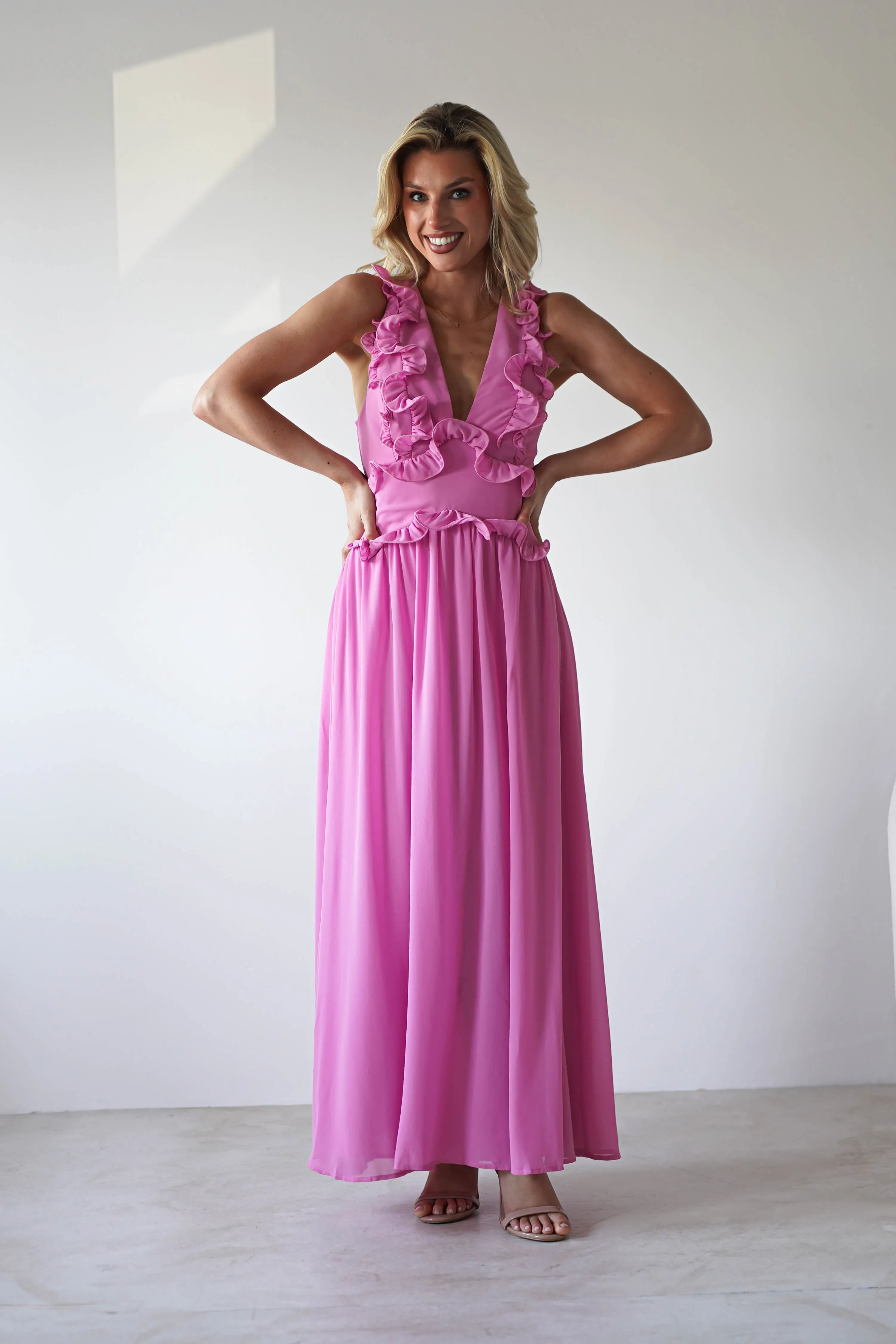Ellie Ruffle Detail Maxi Dress | Pink