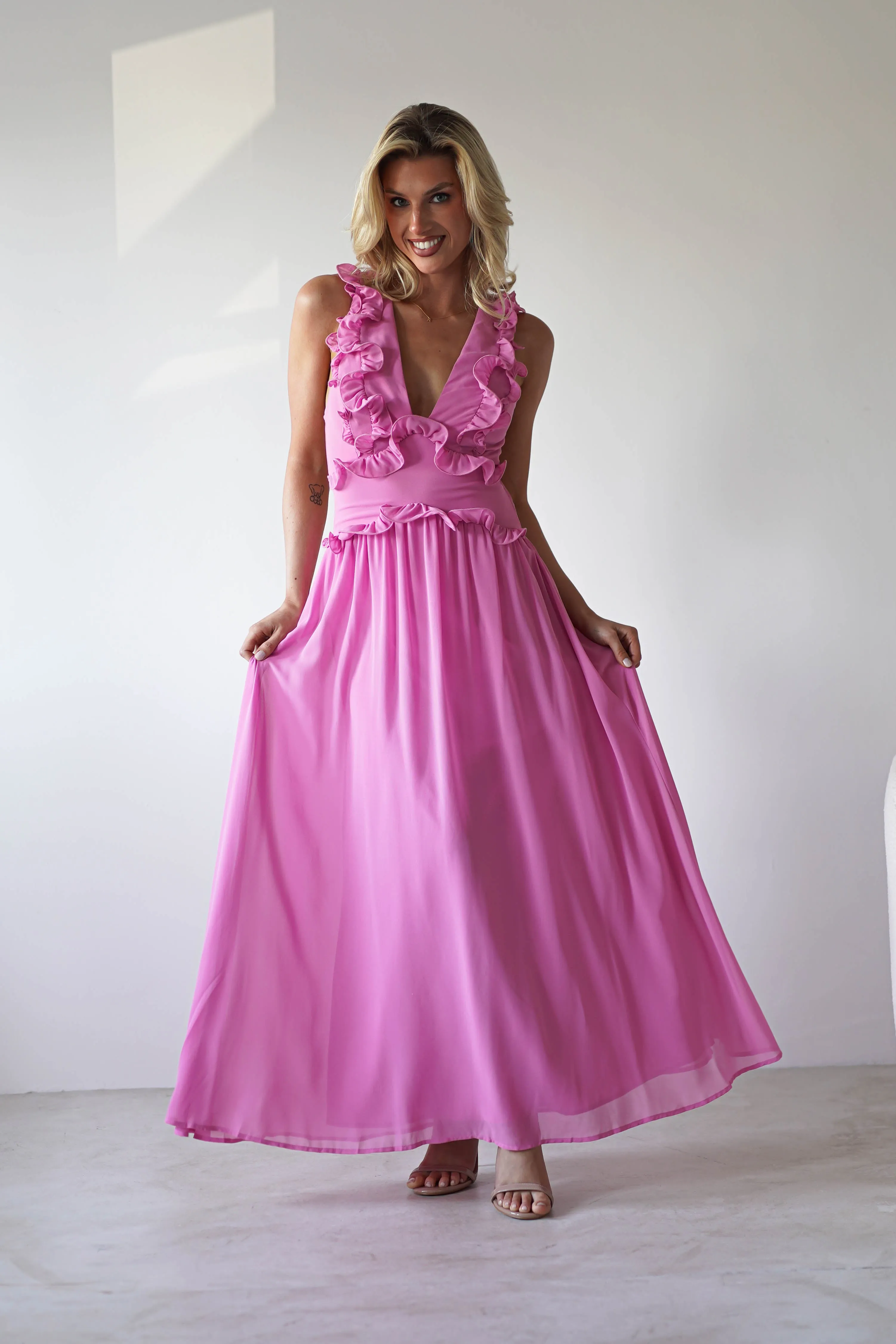 Ellie Ruffle Detail Maxi Dress | Pink