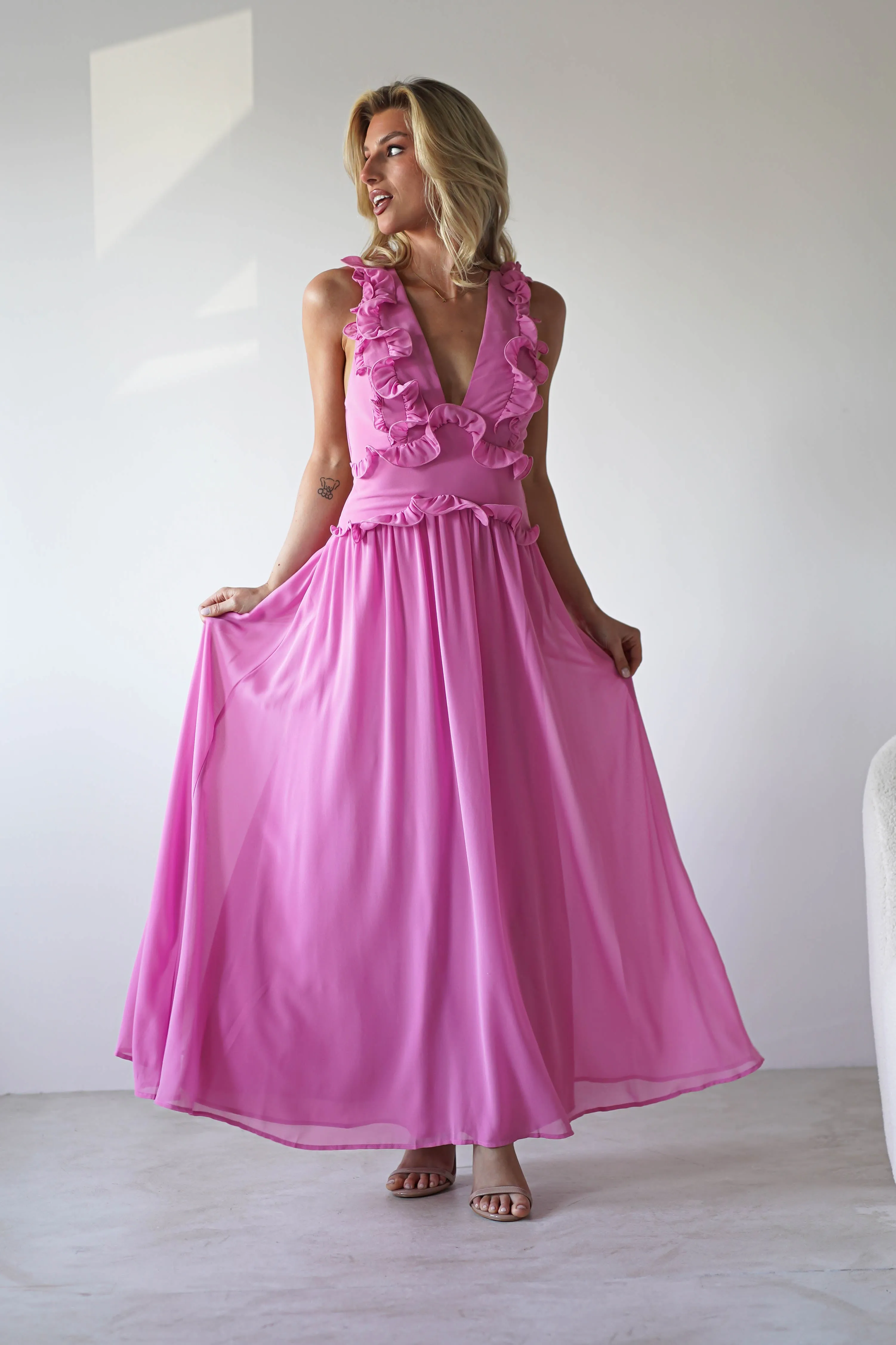 Ellie Ruffle Detail Maxi Dress | Pink