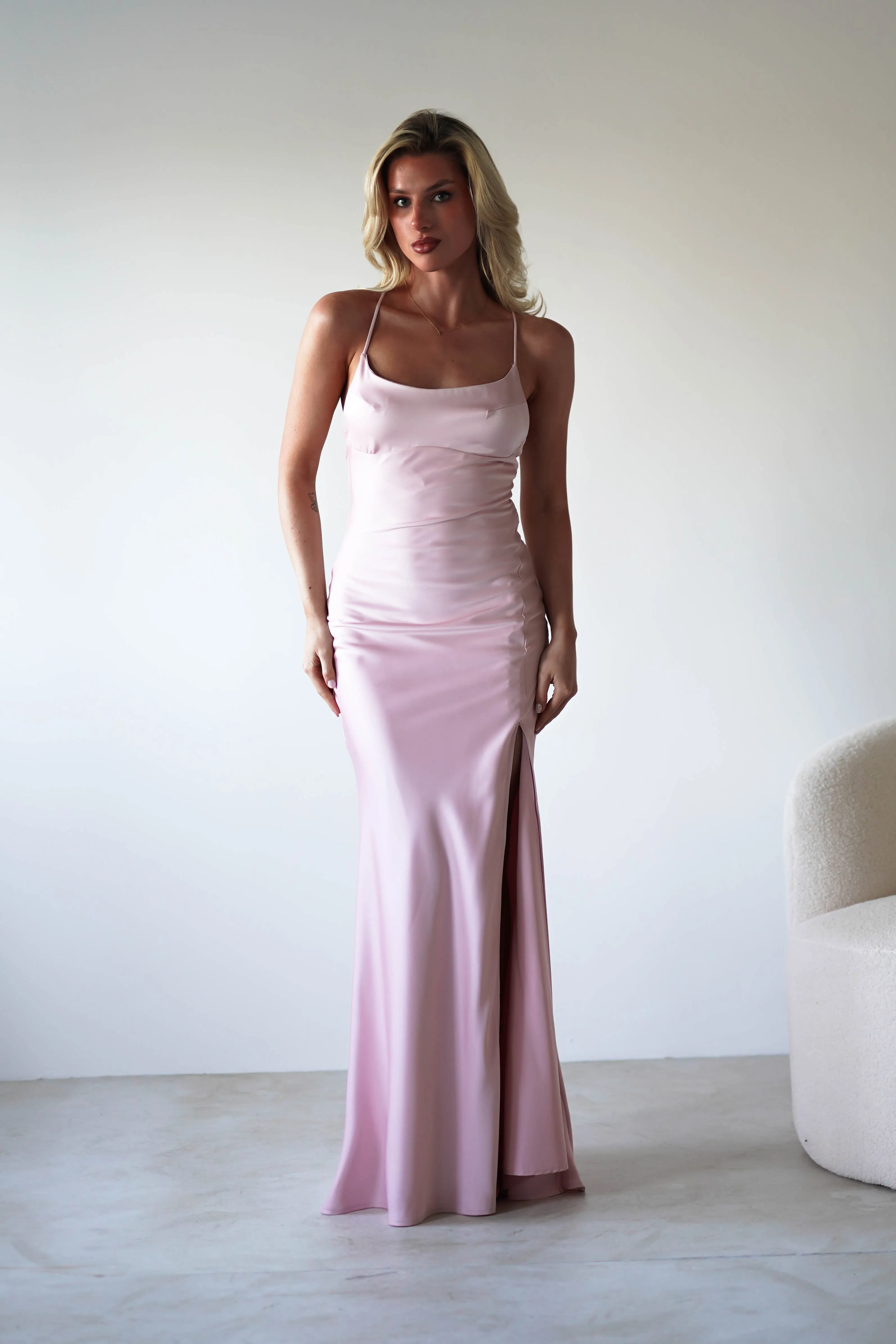 Elsa Matte Satin Maxi Gown | Blush Pink