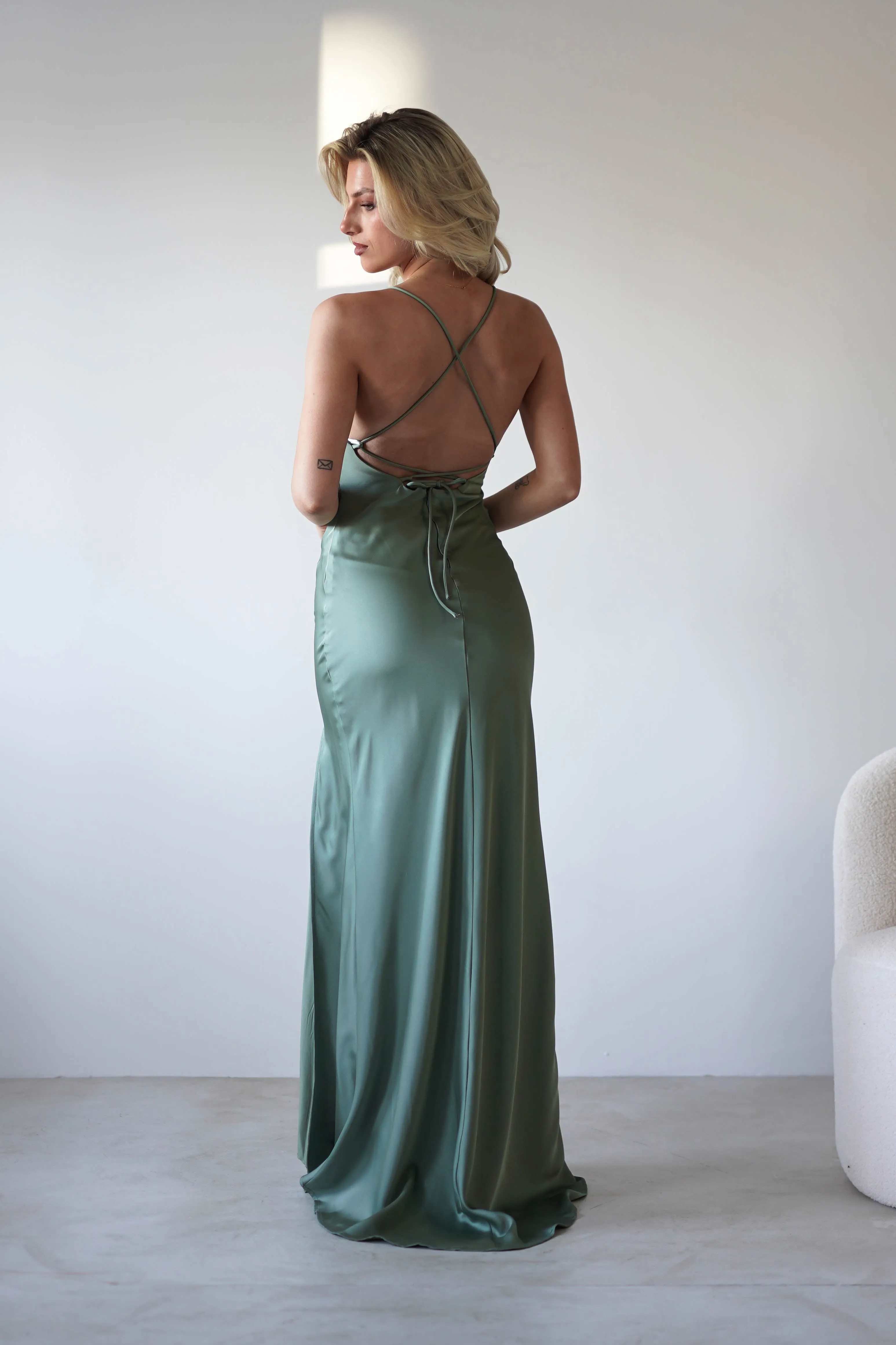 Elsa Matte Satin Maxi Gown | Olive