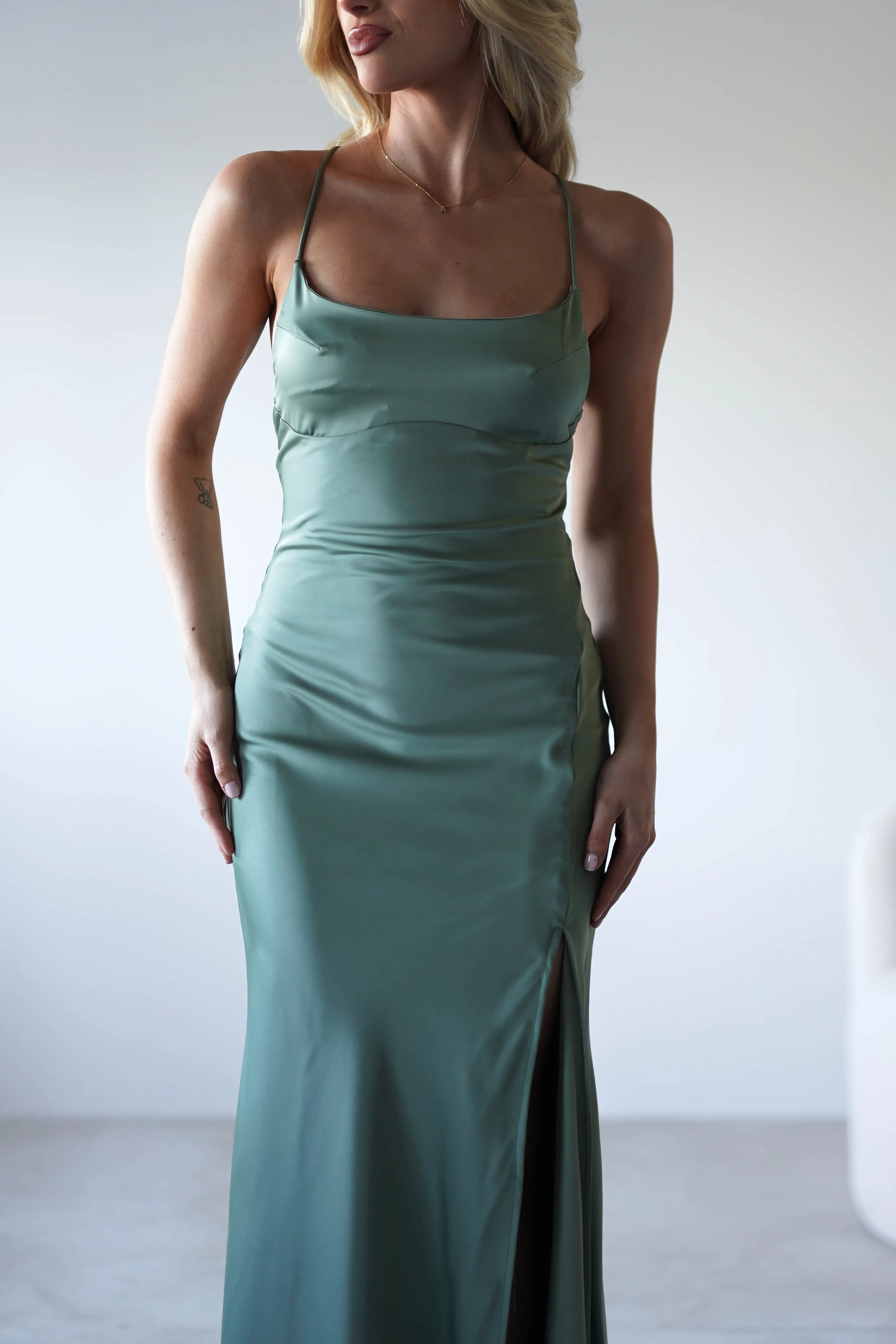 Elsa Matte Satin Maxi Gown | Olive
