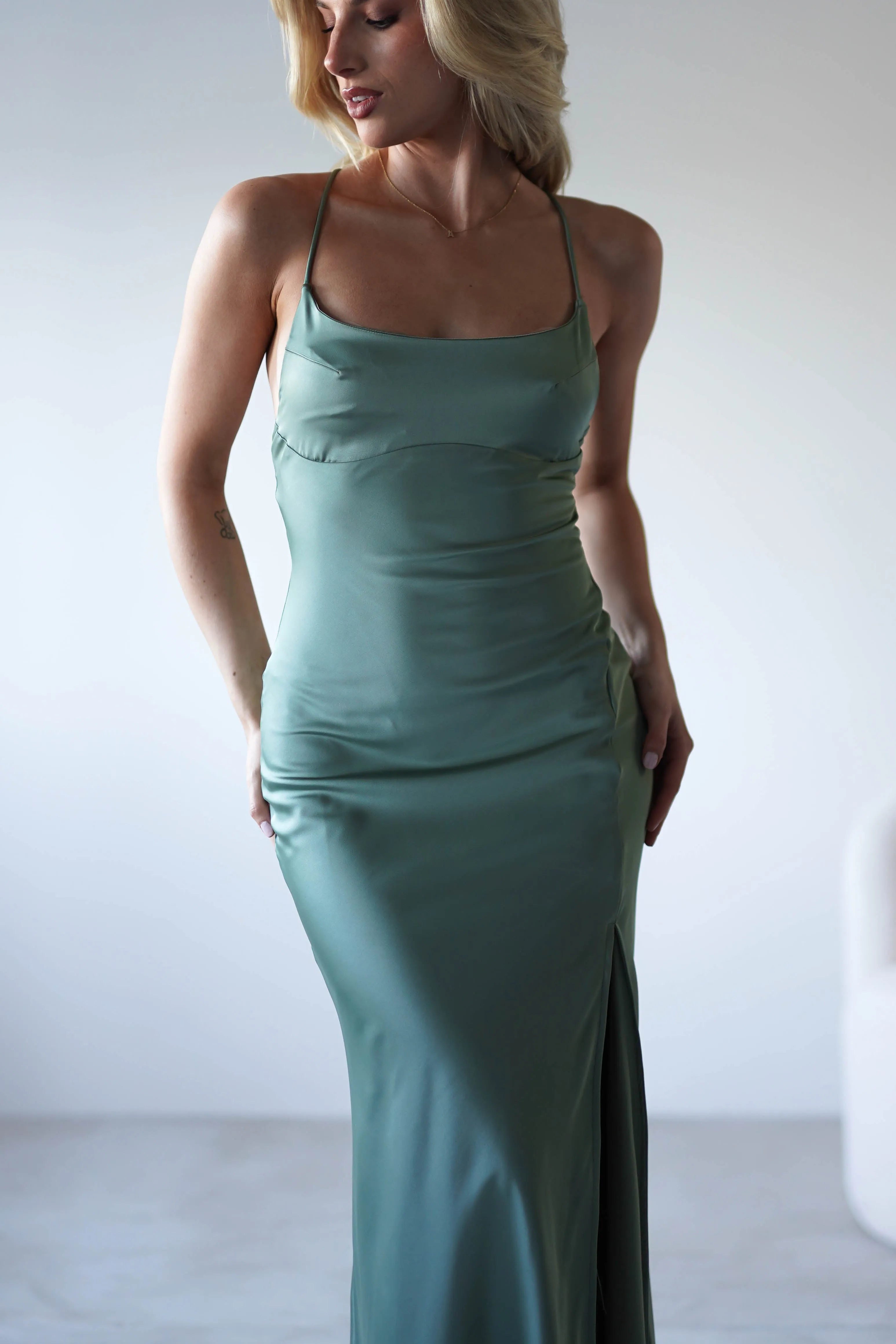 Elsa Matte Satin Maxi Gown | Olive