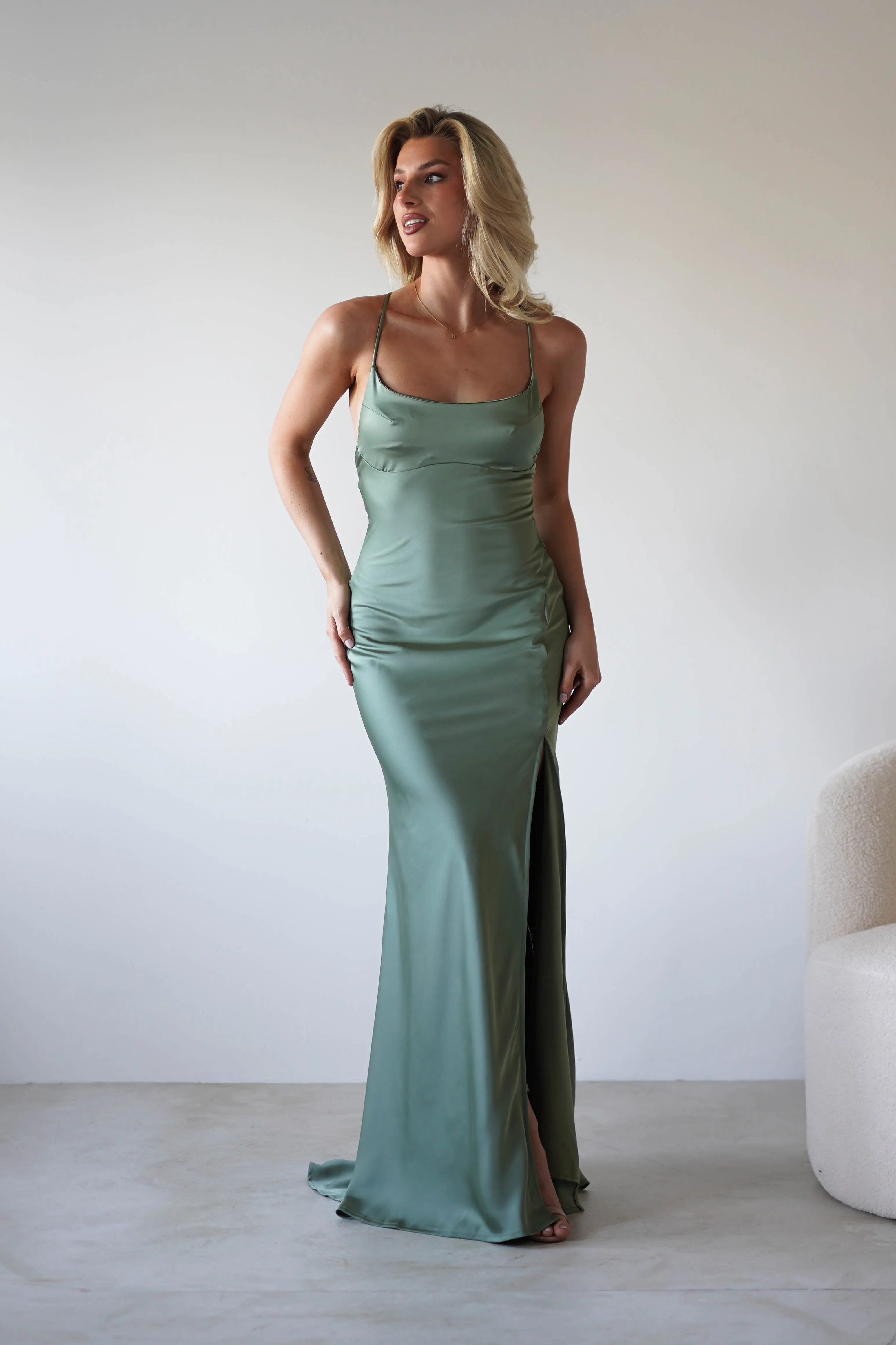 Elsa Matte Satin Maxi Gown | Olive