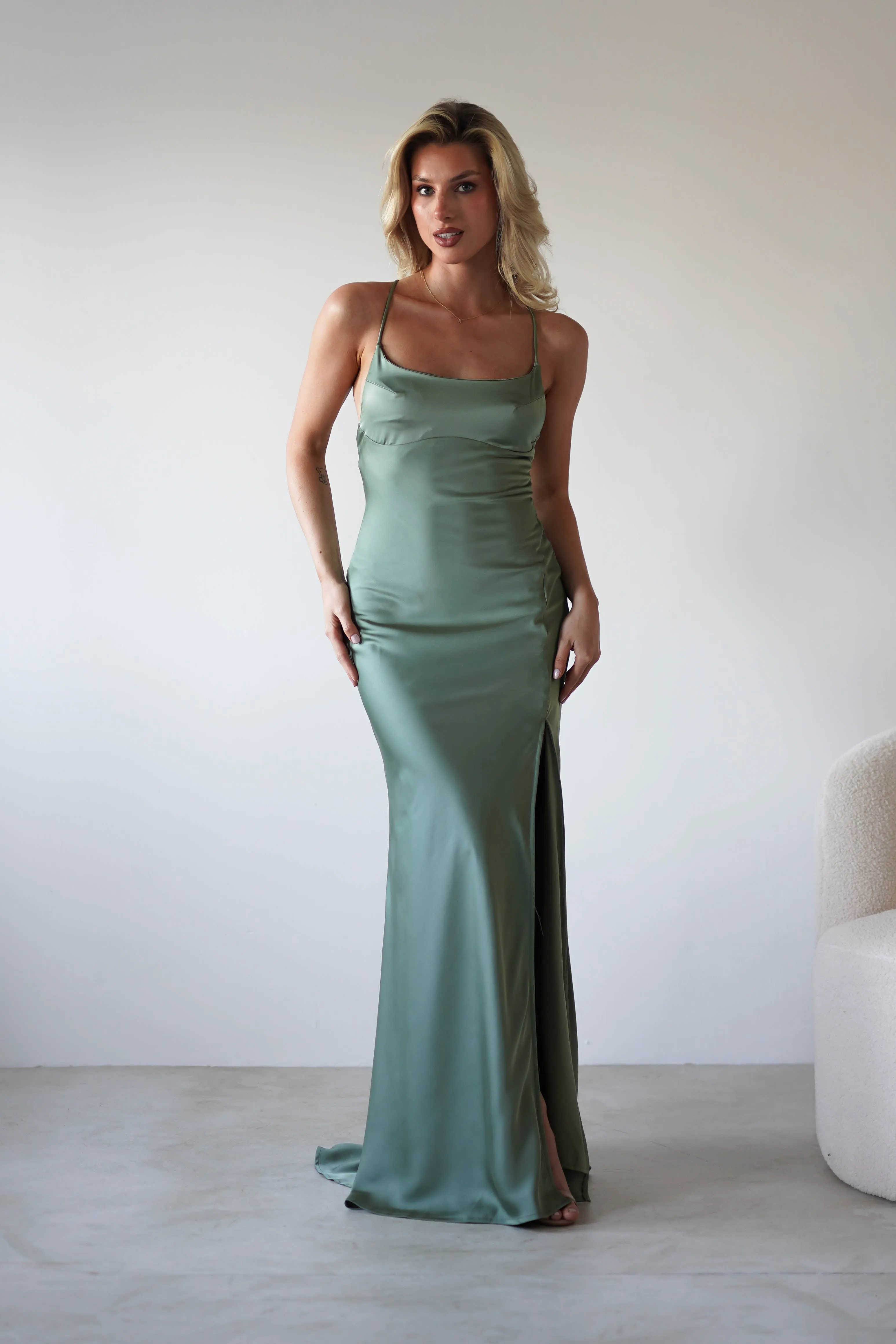 Elsa Matte Satin Maxi Gown | Olive