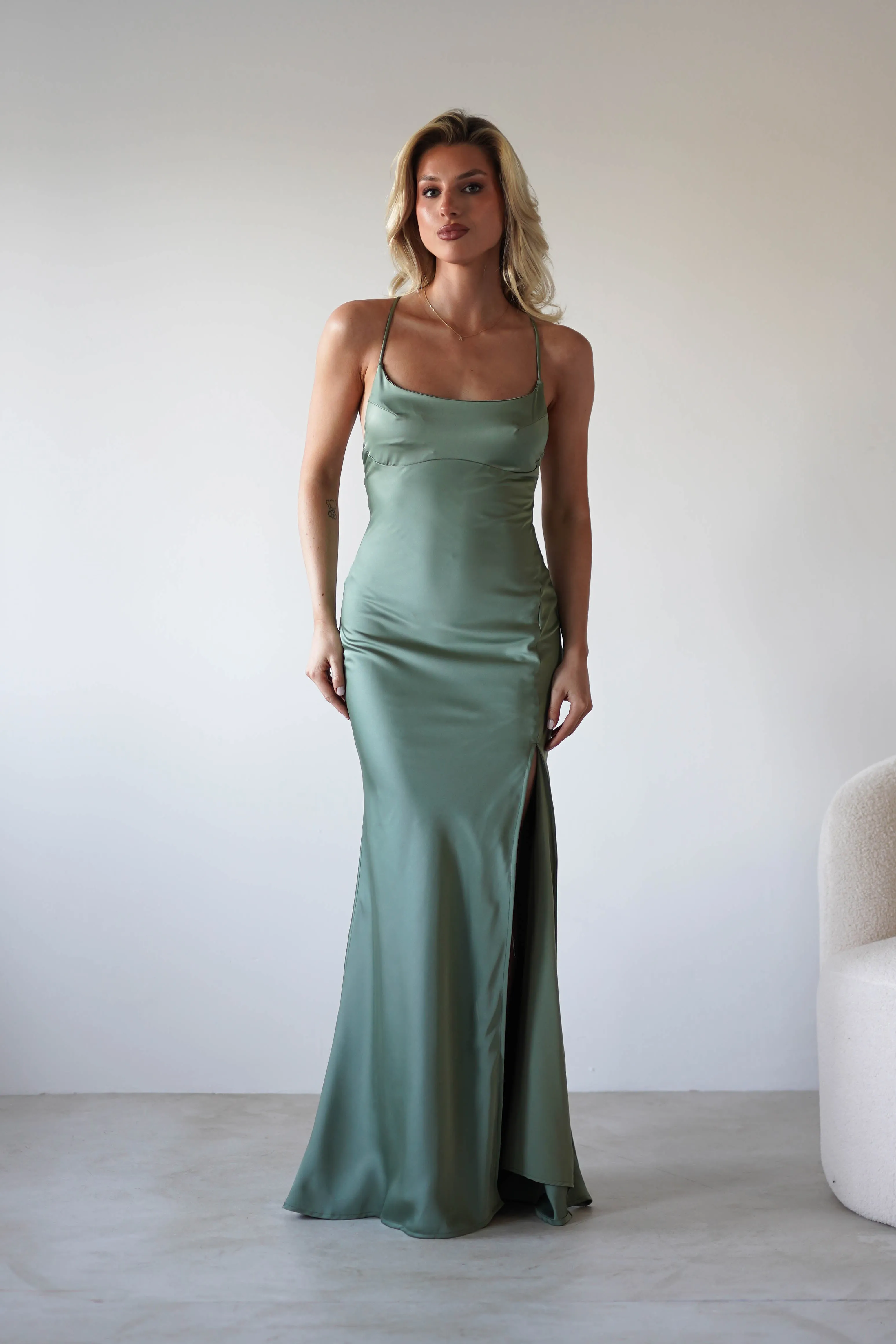 Elsa Matte Satin Maxi Gown | Olive