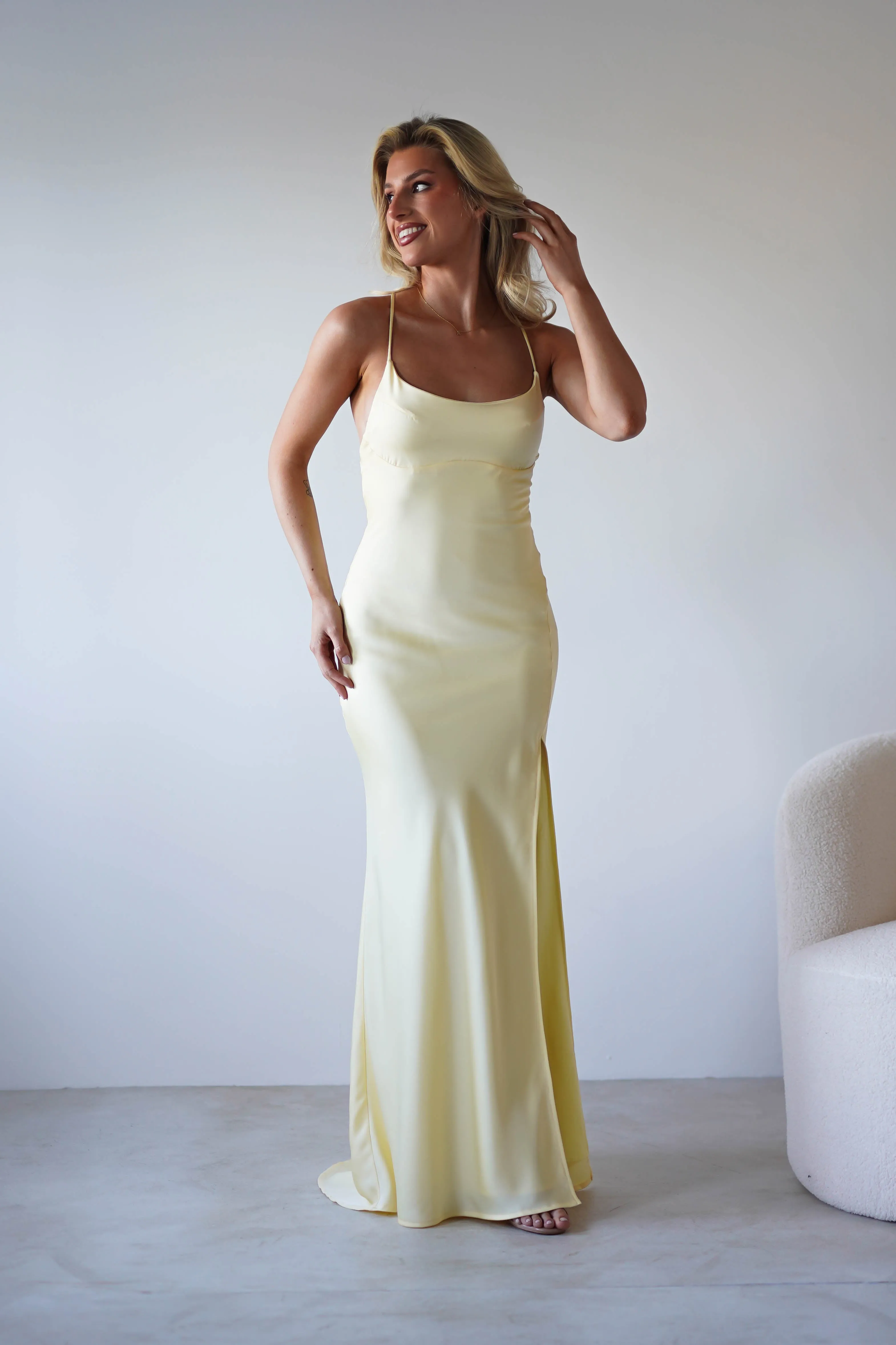 Elsa Matte Satin Maxi Gown | Yellow