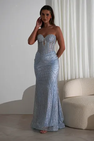 Elyse Glitter Strapless Gown | Light Blue/Silver