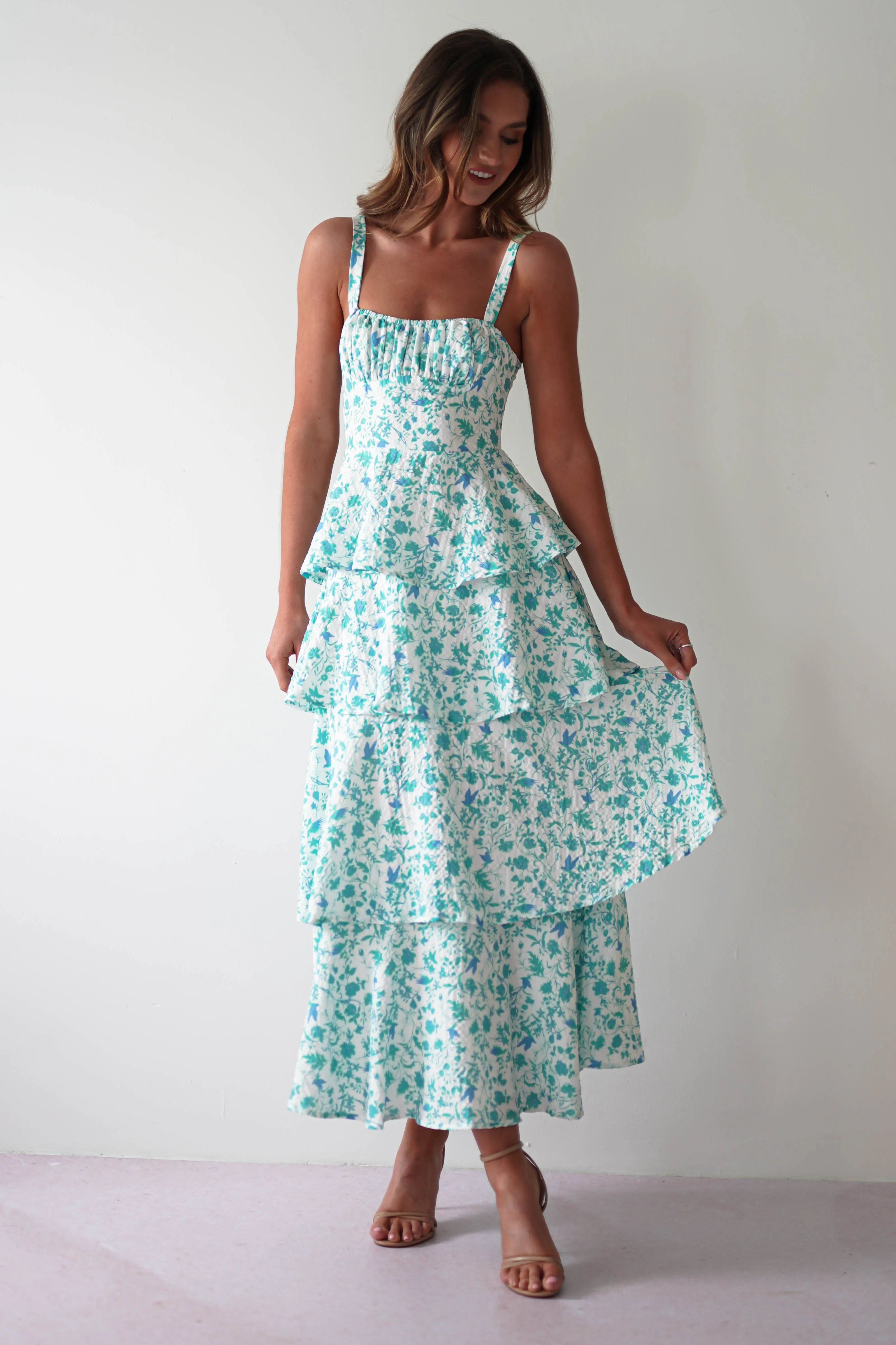 Emily Floral Ruffle Maxi Dress | Green/White