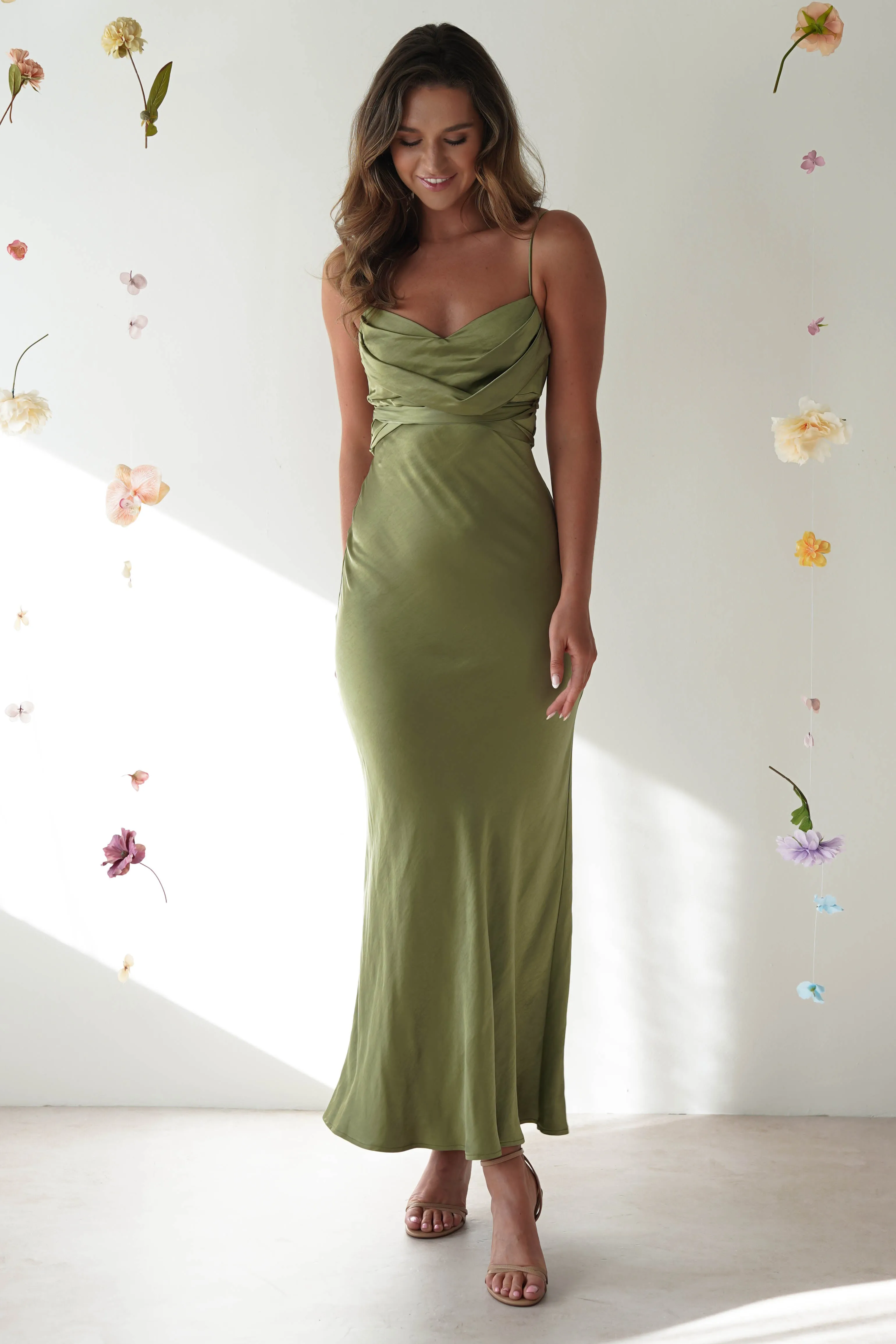 Everleigh Soft Satin Midi Dress | Olive