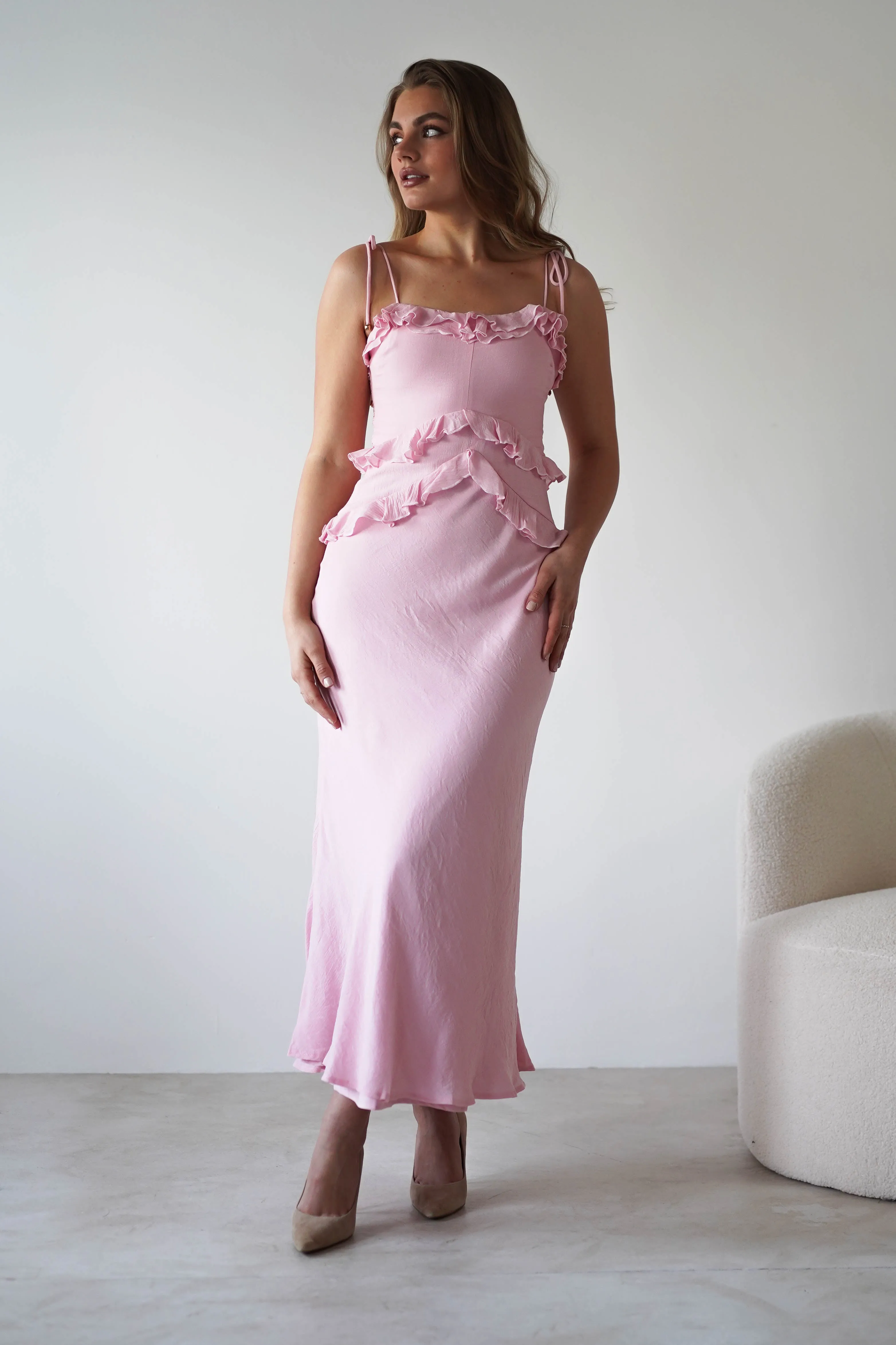 Faith Ruffle Cotton Maxi Dress | Pink
