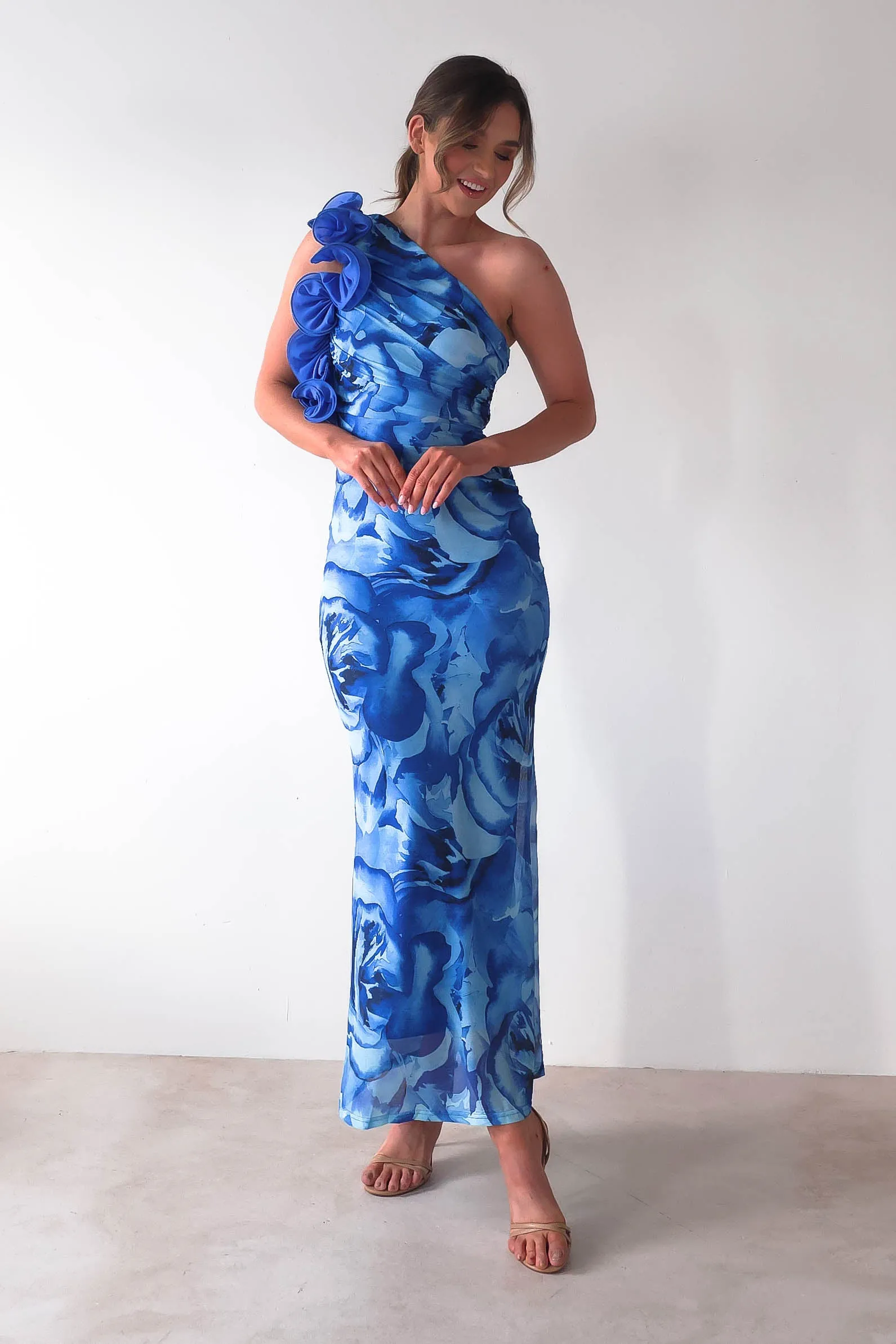 Genie Ruffle Printed Maxi Dress | Blue