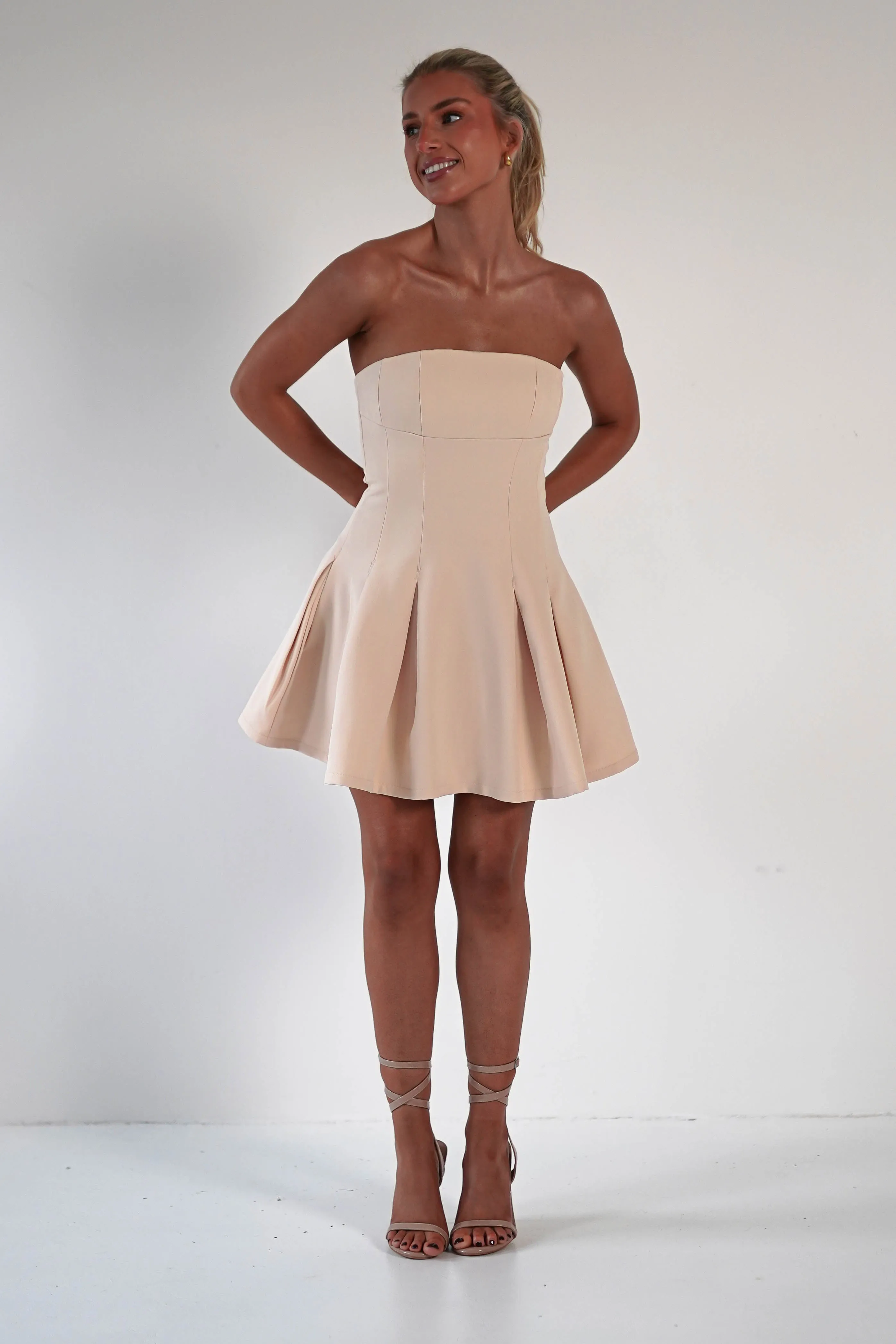 Harper Pleated Mini Dress | Apricot Cream