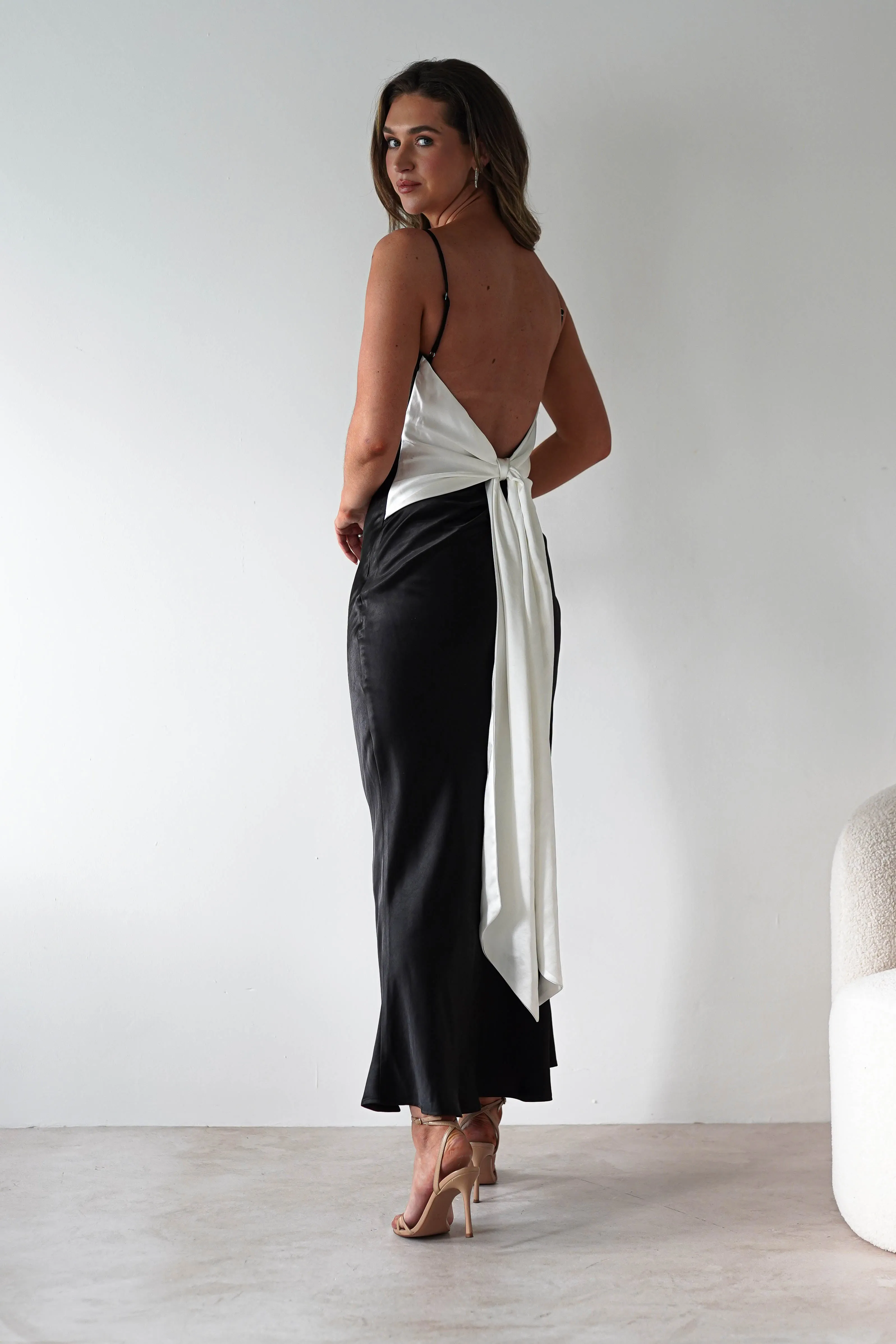 Hermie Silky Satin Maxi Dress | Black/White