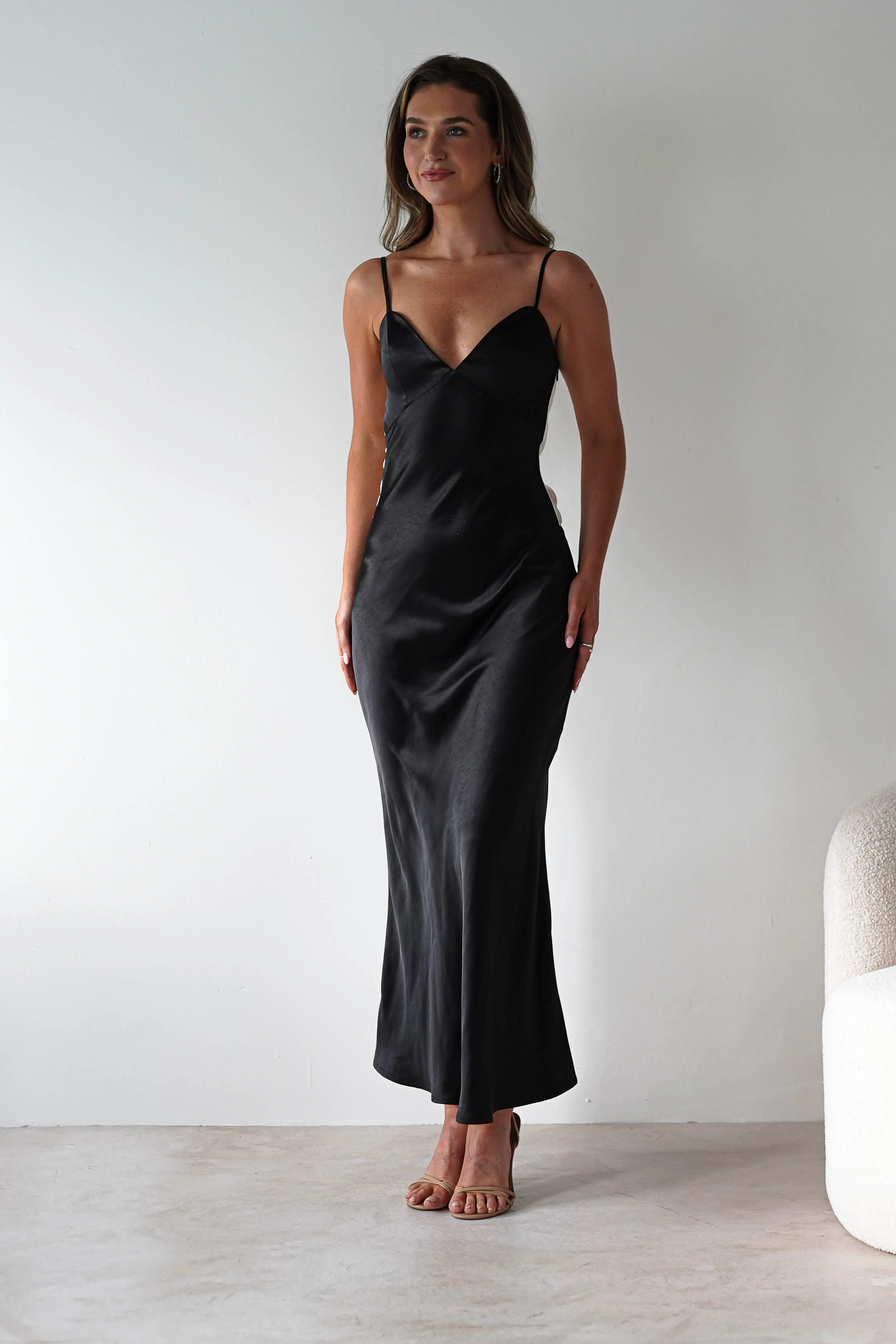 Hermie Silky Satin Maxi Dress | Black/White